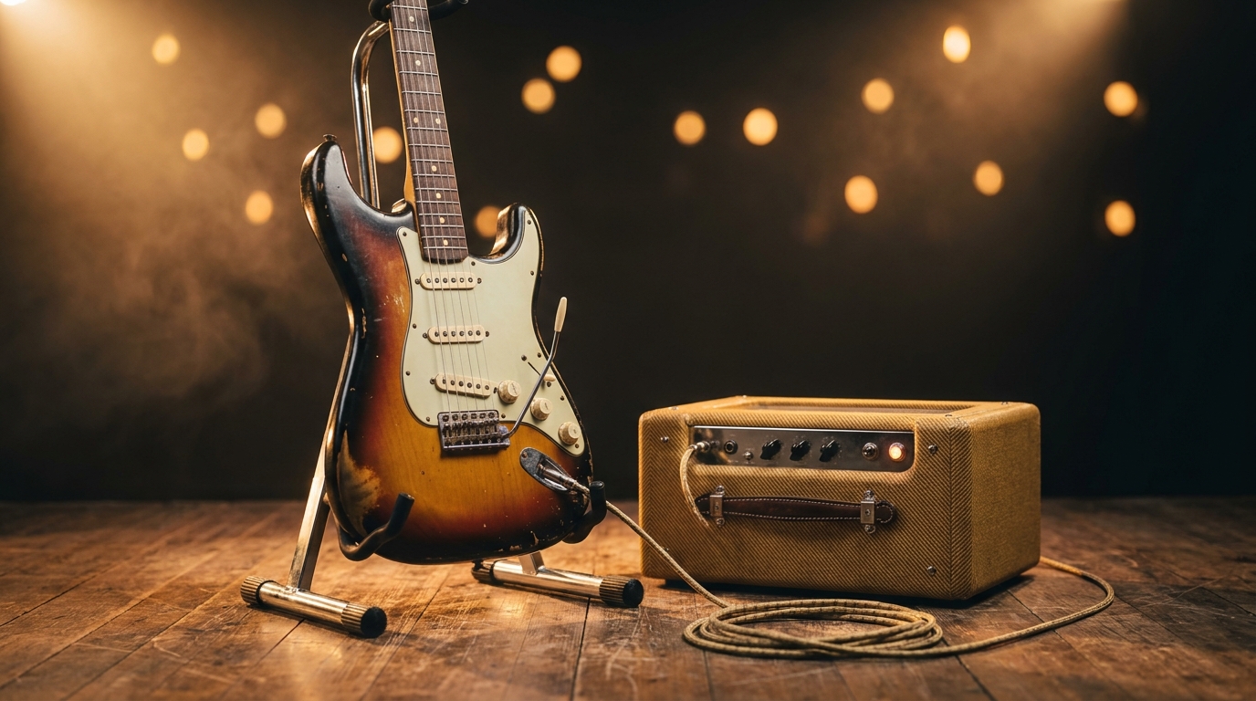 Guitarra sunburst com desgaste de uso apoiada em suporte ao lado de um amplificador valvulado no palco de um clube de blues