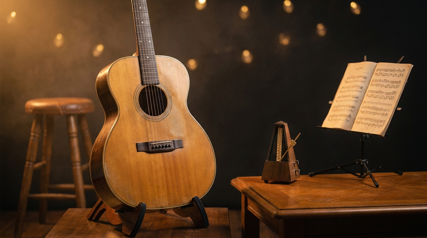 Violão de tampo natural em suporte ao lado de um metrônomo e de uma estante com partitura em uma sala de estudo