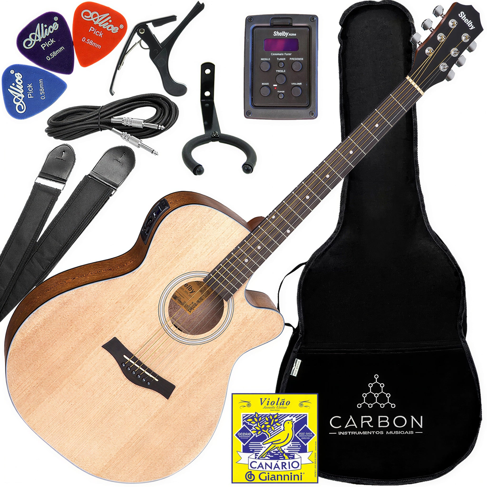 Kit Violão Eletroacústico Shelby Sga194c Stnt Natural Fosco Aço Vx02
