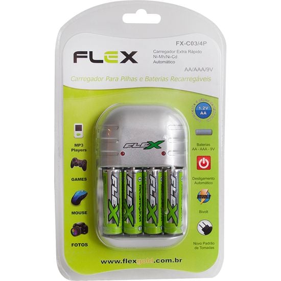 Carregador de Pilhas FXC03-4P Flex Bivolt Automático Prata