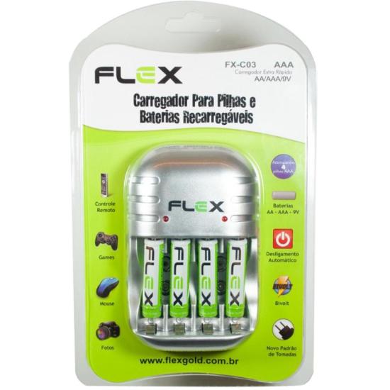Carregador de Pilhas Flex FXC03AAA Bivolt 2 a 4 Pilhas Cinza