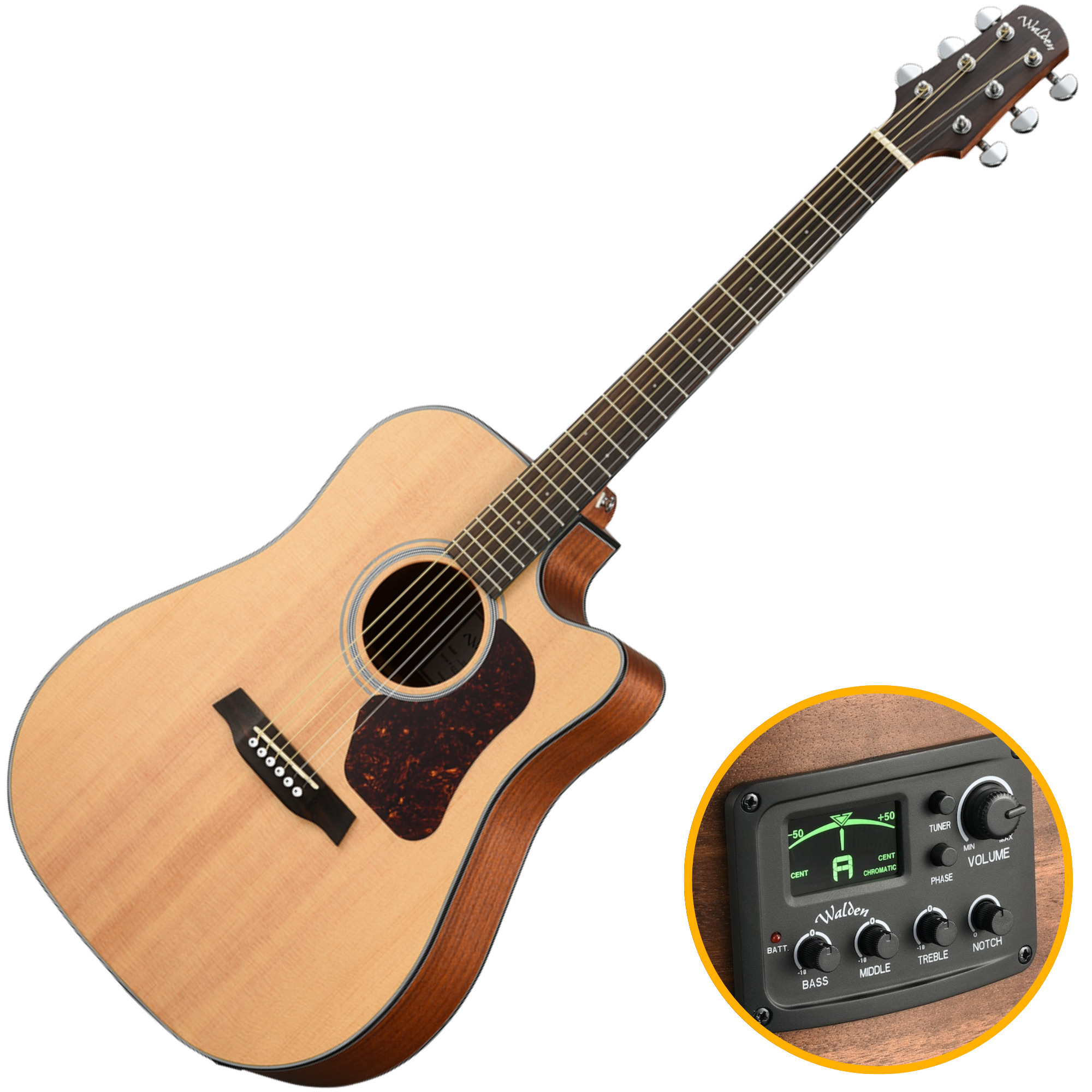 Violão Eletroacústico Aço Walden Natura D550CEG Natural Satin Dreadnought Cutaway com MG-20
