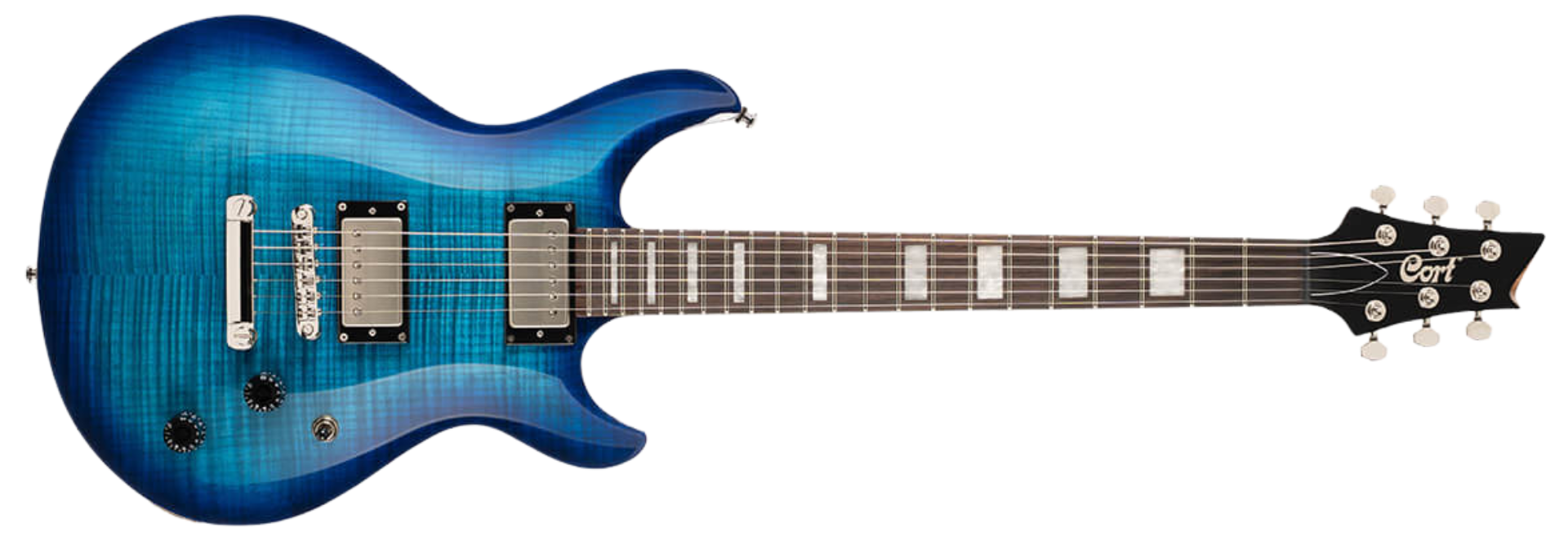 Guitarra Cort M600 BB Blue Burst HH com Tampo Flamed Maple Captadores VTH59 e Tarraxas com Trava