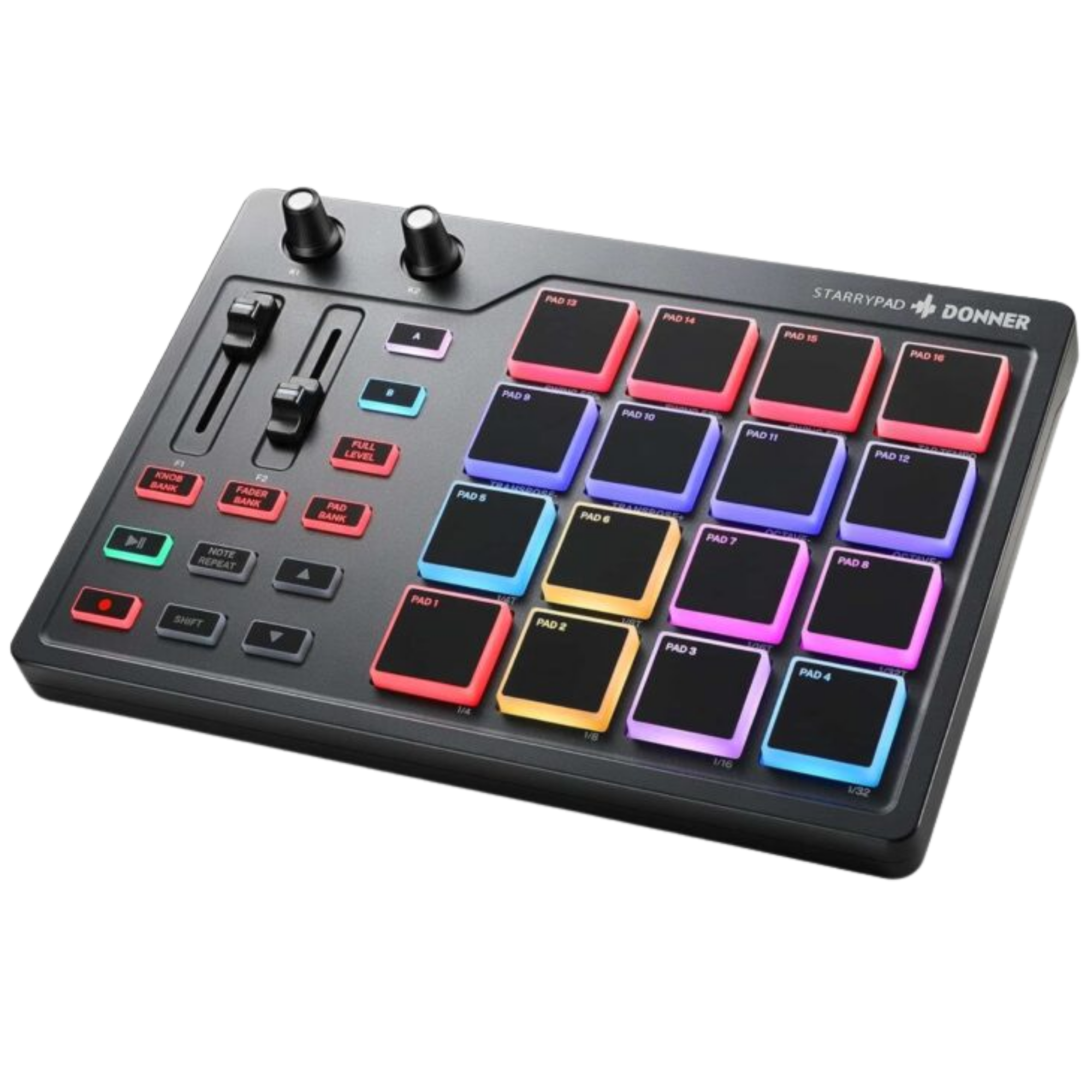 Controlador MIDI Donner DPD-16 StarryPad 16 Pads RGB com Faders e Potenciômetros