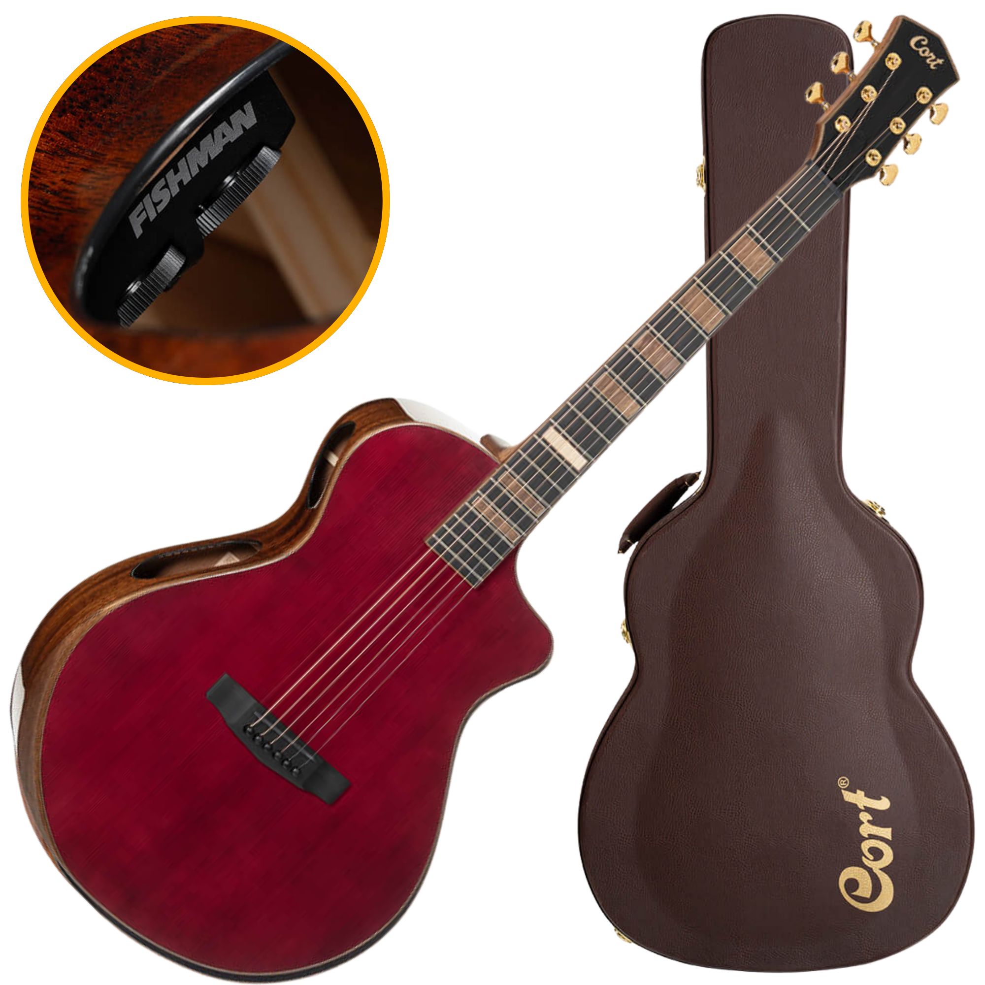 Violão Eletroacústico Aço Cort Modern Burgundy TBD Trans Burgundy Modern Concert com Fishman Matrix Infinity VT e Case