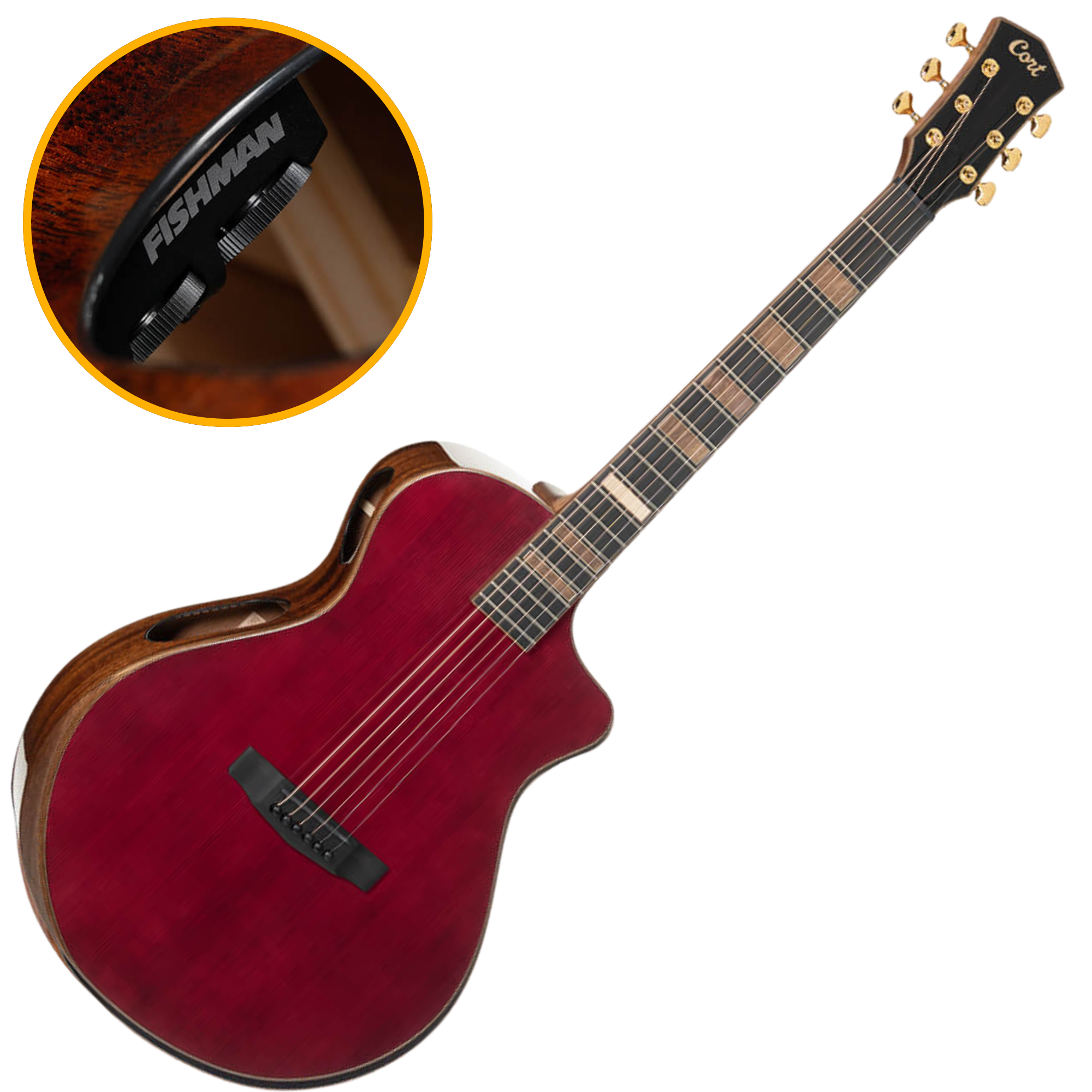 Violão Eletroacústico Aço Cort Modern Burgundy TBD Trans Burgundy Modern Concert com Fishman Matrix Infinity VT e Case