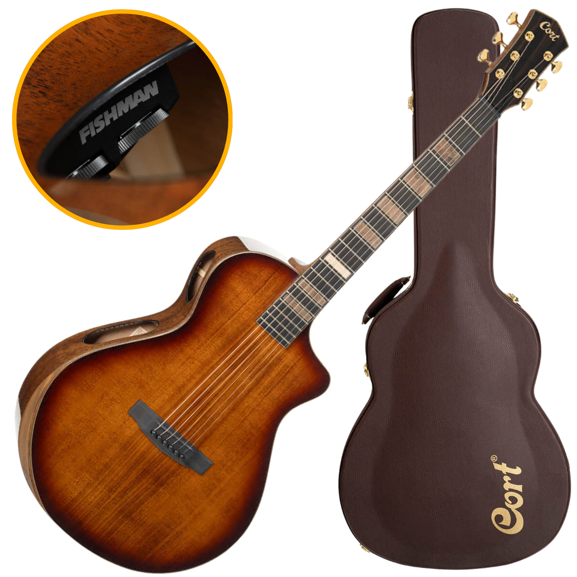 Violão Eletroacústico Aço Cort Modern Burst LE TSB Tobacco Sunburst Modern Concert com Fishman Matrix Infinity VT e Case