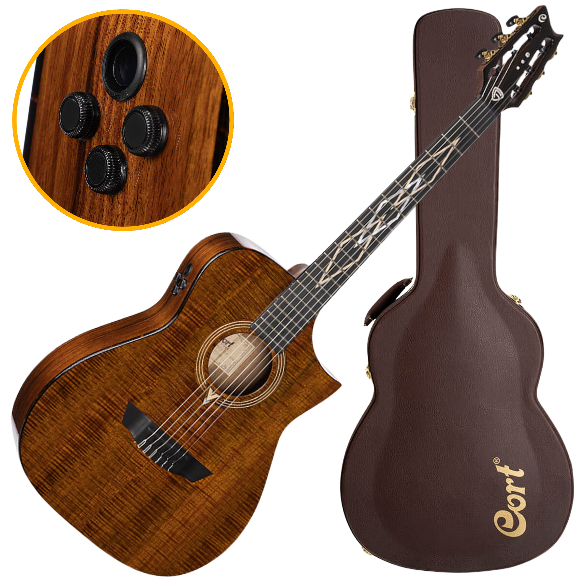 Violão Eletroacústico Nylon Cort Luxe Nylon BR Brown Burst Frank Gambale Signature com Fishman Flex Blend e Case