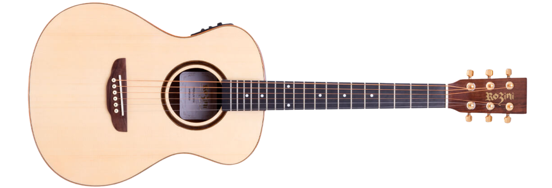 Violão Mini Travel Eletroacústico Rozini Premium Ativo EQ Fishman Presys Blend Tampo Spruce Maciço Louro Preto Natural