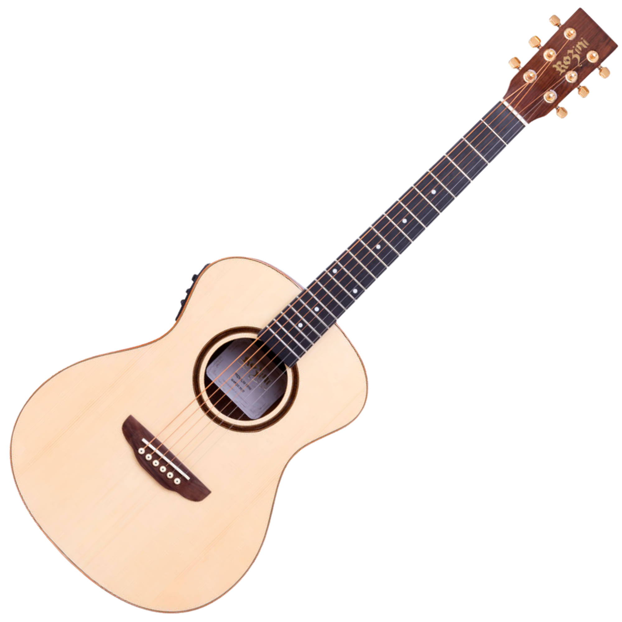 Violão Mini Travel Eletroacústico Rozini Premium Ativo EQ Fishman Presys Blend Tampo Spruce Maciço Louro Preto Natural