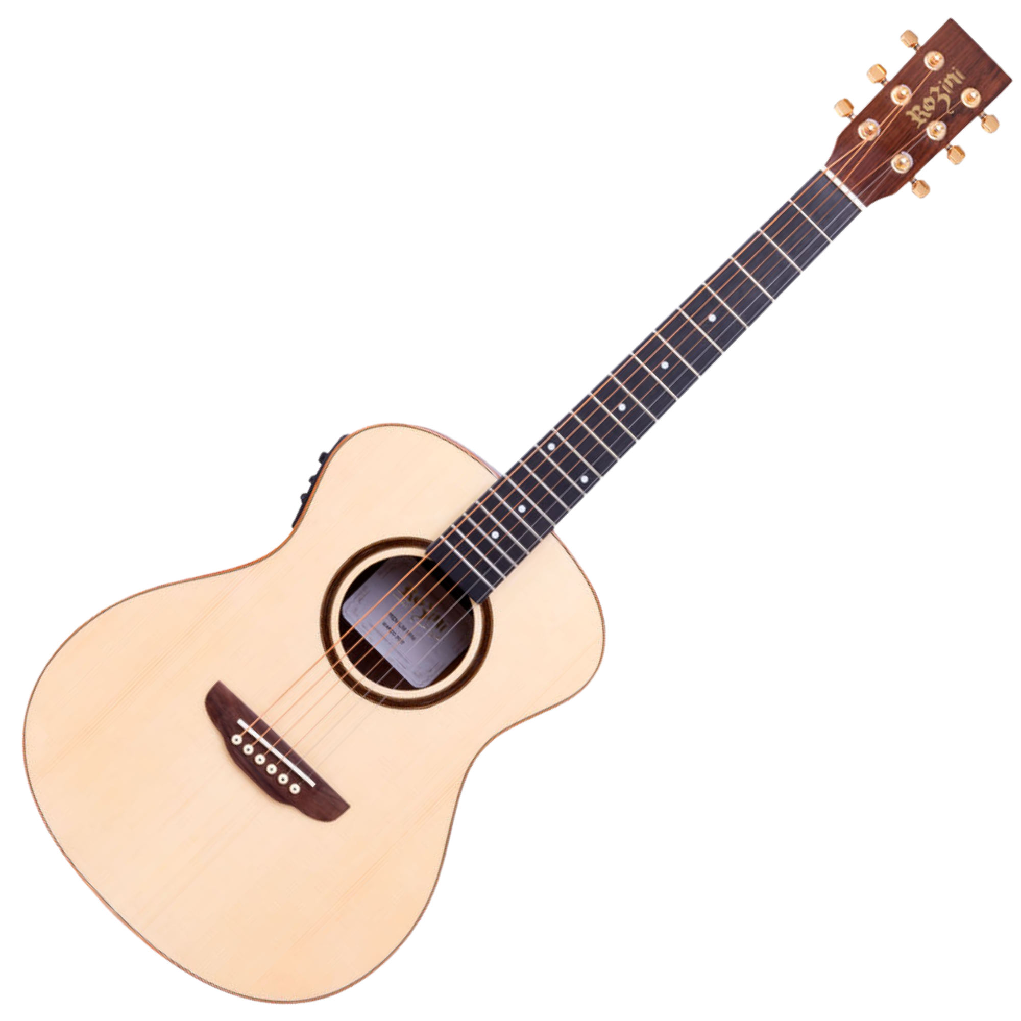 Violão Mini Travel Eletroacústico Rozini Premium Ativo EQ Fishman Presys Plus Tampo Spruce Maciço Louro Preto Natural