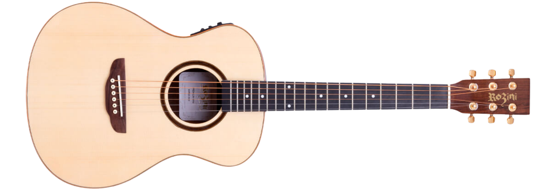 Violão Mini Travel Eletroacústico Rozini Premium Ativo EQ Fishman Presys Plus Tampo Spruce Maciço Louro Preto Natural