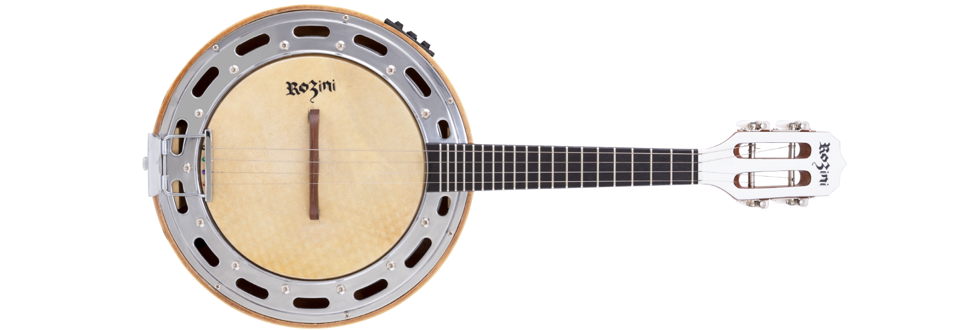 Banjo Eletroacústico Rozini RJ11.EGC.BC Color Caixa Larga Ativo BC Branco Brilho Corpo Mogno e Equalizador Rozini GC-2