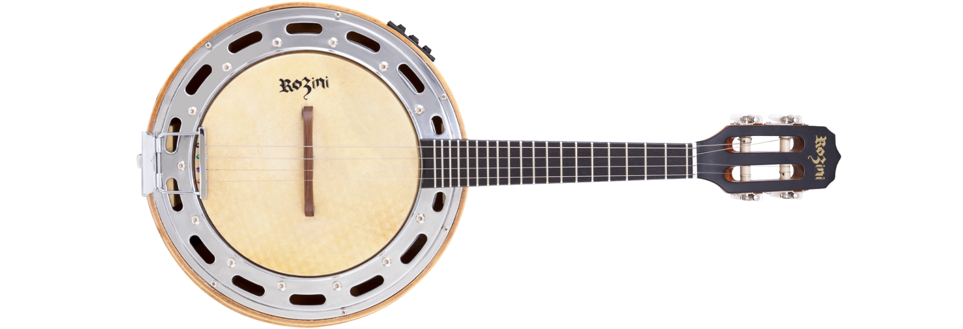 Banjo Eletroacústico Rozini RJ11.EGC.PT Color Caixa Larga Ativo PT Preto Brilho Corpo Mogno e Equalizador Rozini GC-2