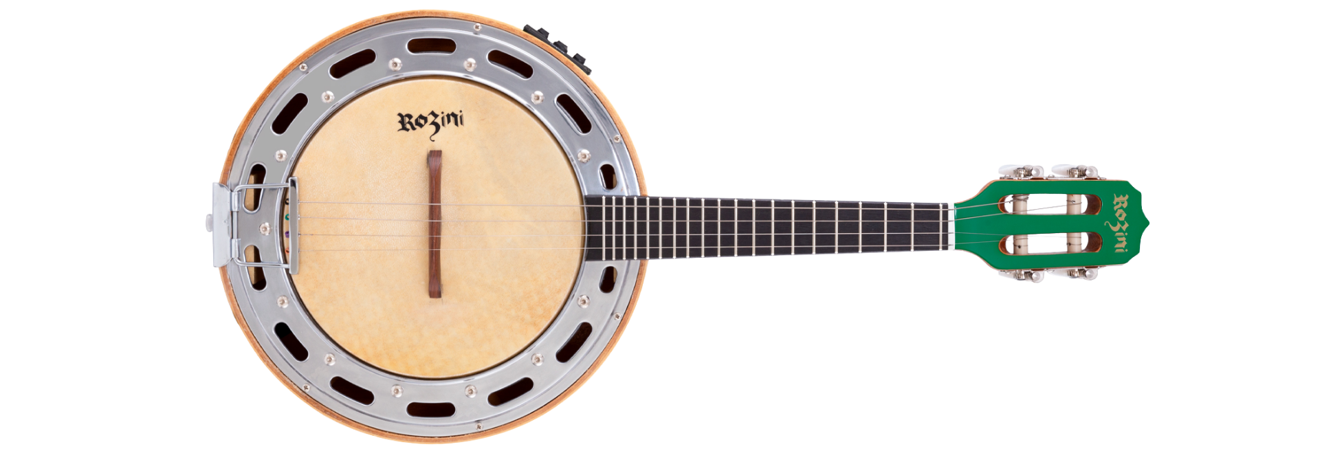 Banjo Eletroacústico Rozini RJ11.EGC.VD Studio Caixa Larga Ativo VD Verde Brilho Corpo Mogno e Equalizador Rozini GC-2