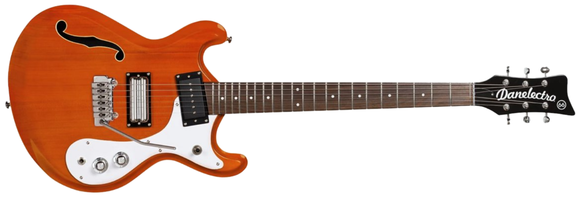 Guitarra Danelectro 66T Baritone Transparent Orange com Corpo Semi-Oco Alder Captadores Lipstick e Vibrato Wilkinson