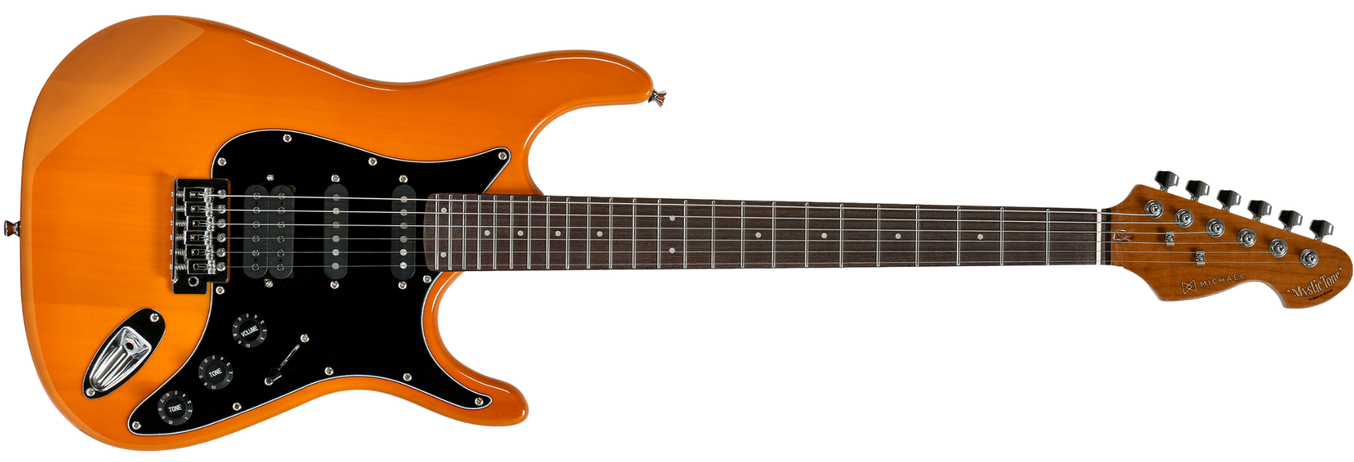 Guitarra Michael Mystic Tone GMS150 AMB Amber Burst HSS com Captadores Cerâmicos Ponte Tremolo 2 Pivôs e Escala Rosewood