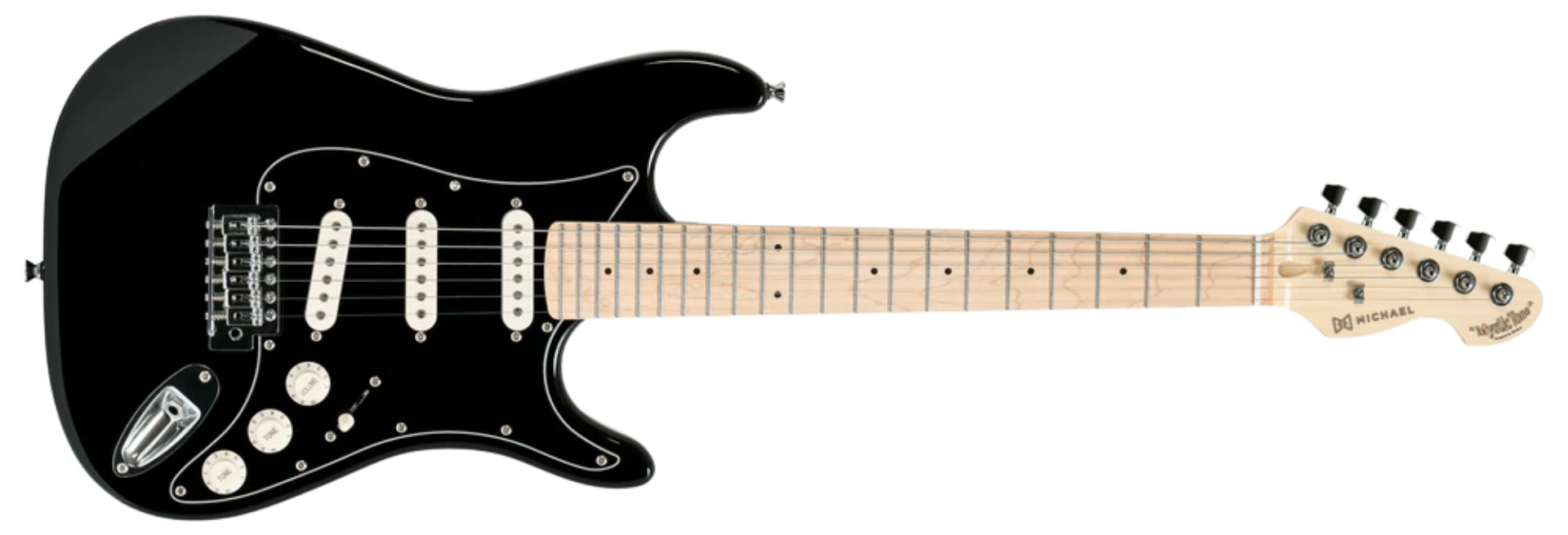 Guitarra Michael GMS100 BLK Black Stratocaster com 3 Captadores Single Coil Cerâmicos, Ponte Tremolo e Trastes em Inox
