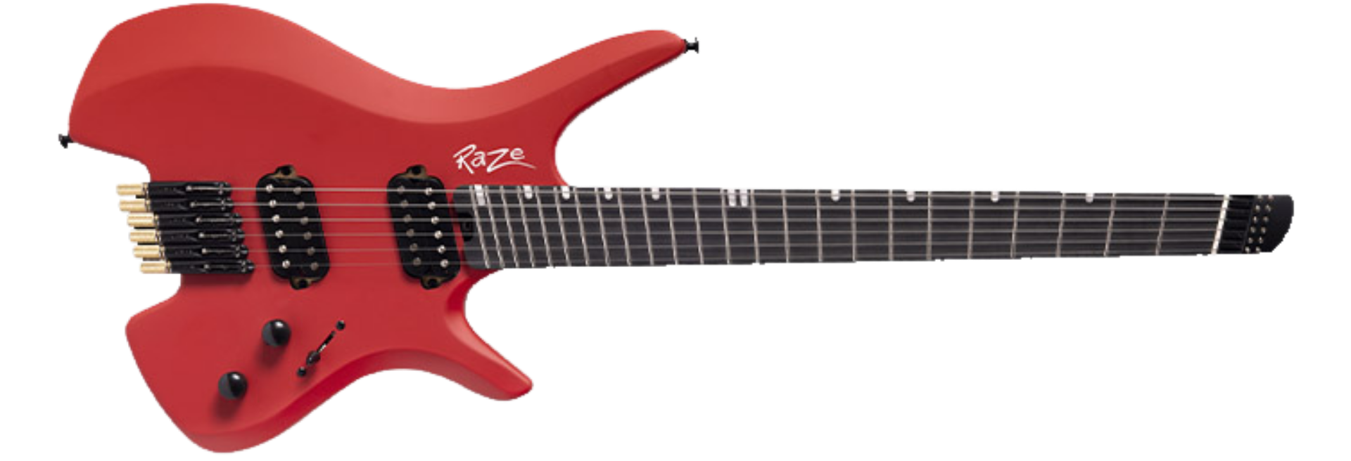 Guitarra Michael Raze GMR500 MS Matte Scarlet Headless 6 Cordas Corpo Okoume Braço Roasted Maple Escala Purple Heart 2 Humbuckers Alnico V
