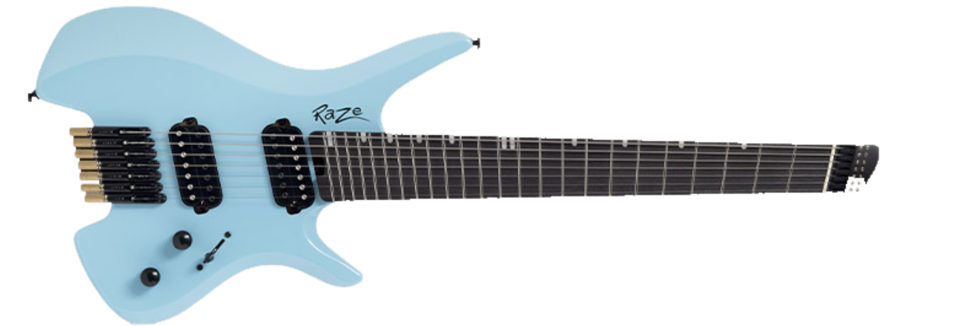 Guitarra Michael Raze GMR507F AB Aqua Blue Headless Multi-Scale 7 Cordas Corpo Okoume Braço Roasted Maple Escala Purple Heart 2 Humbuckers Alnico V