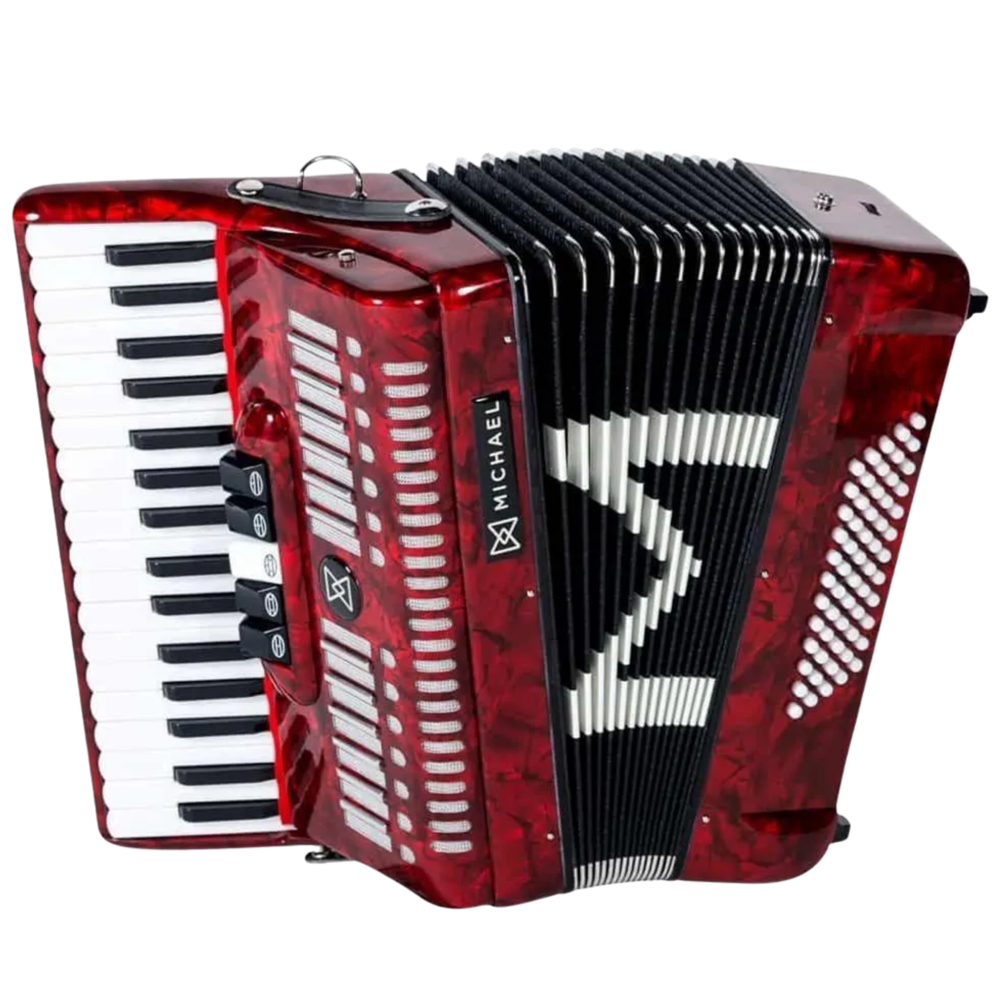 Acordeon Michael ACM6005N PRD Vermelho Perolado 60 Baixos 34 Teclas 5 Registros com Fole Revestido em Linho e Couro