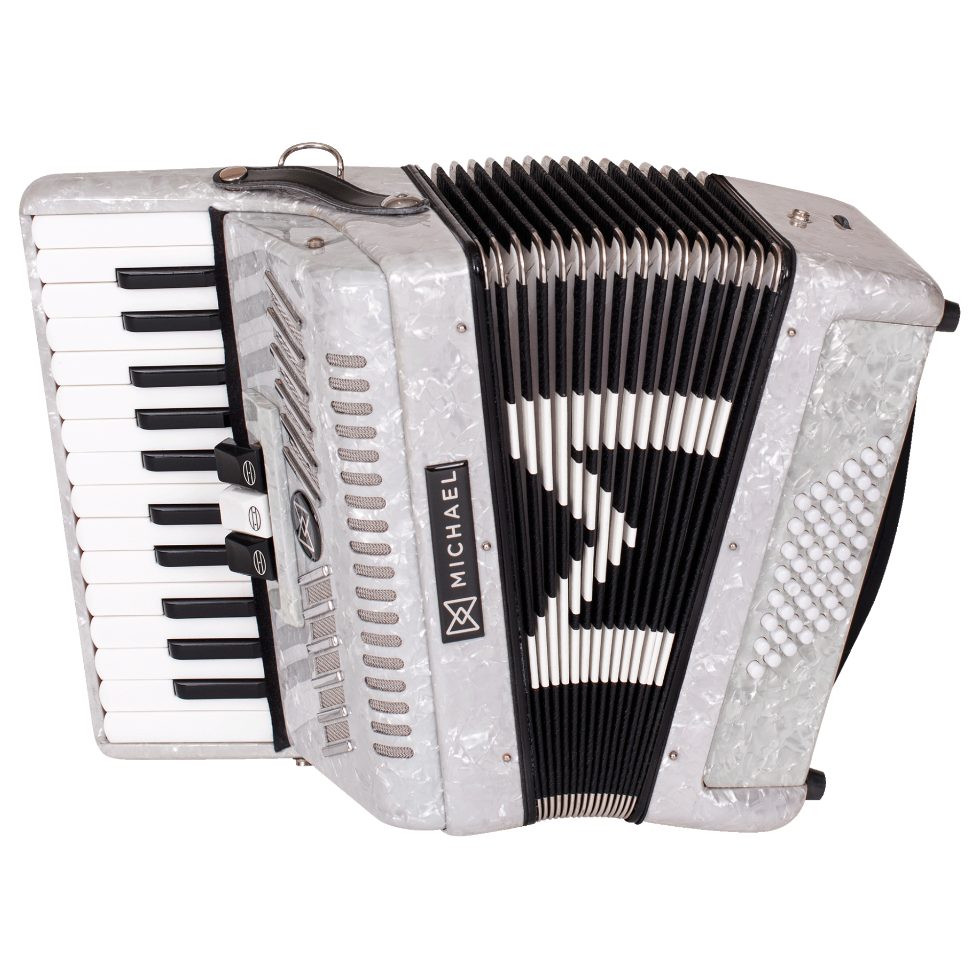 Acordeon Michael ACM4803N PWH Branco Pérola 48 Baixos 26 Teclas 3 Registros Palhetas de Aço Inoxidável