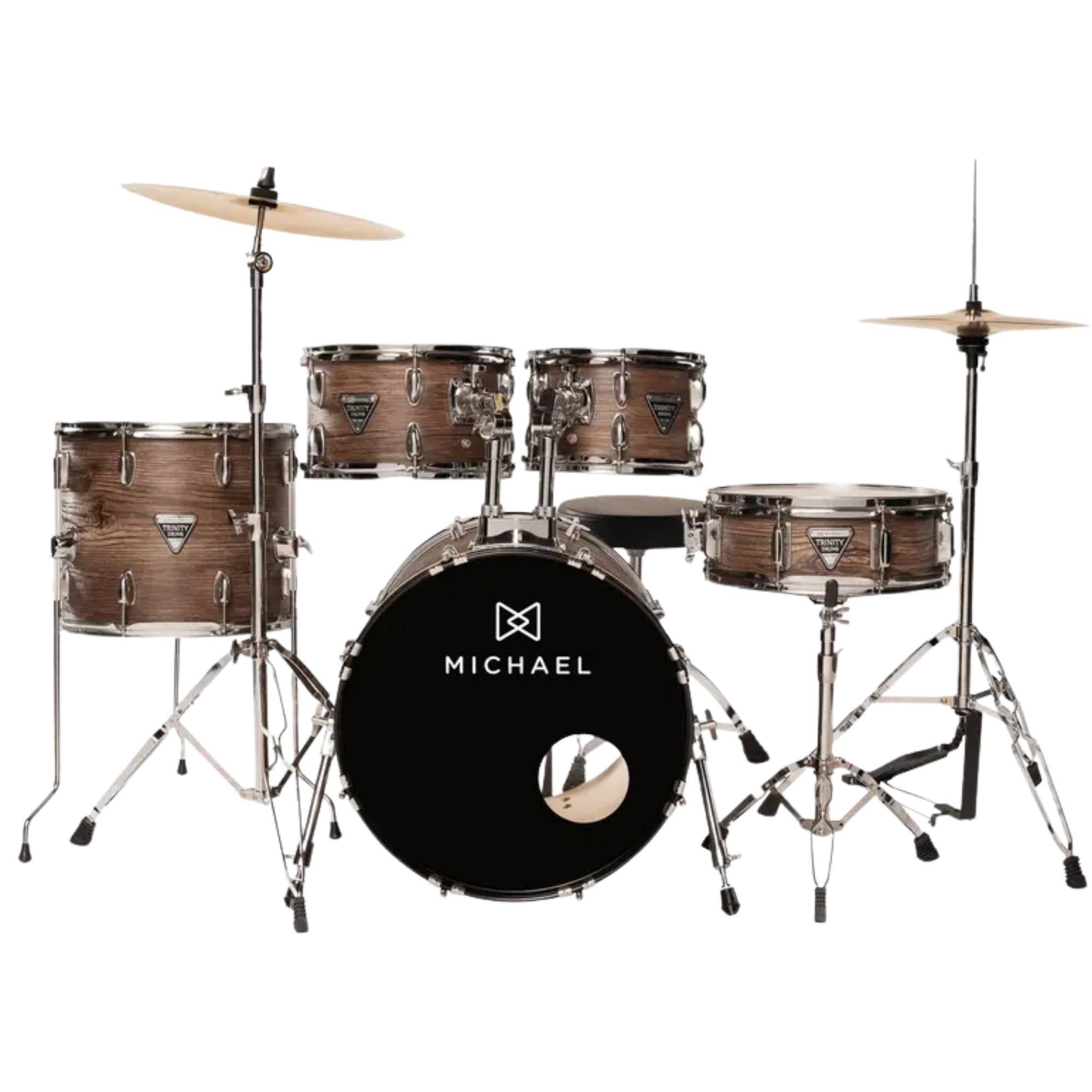 Bateria Acústica Michael Trinity DMT318 MDK Matte Oaky Bumbo 18" com Pratos Hi-Hat Crash Banco Pedal Baquetas e Ferragens