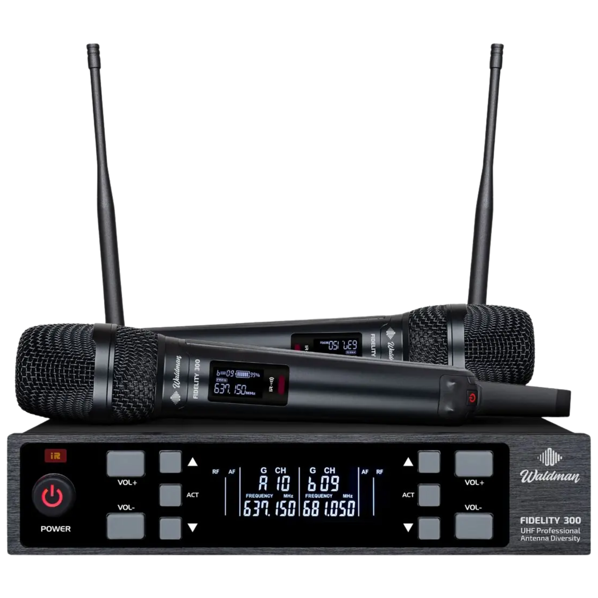 Microfone Sem Fio Duplo Waldman WFD-300/614 Fidelity 300 Frequências Dinâmico