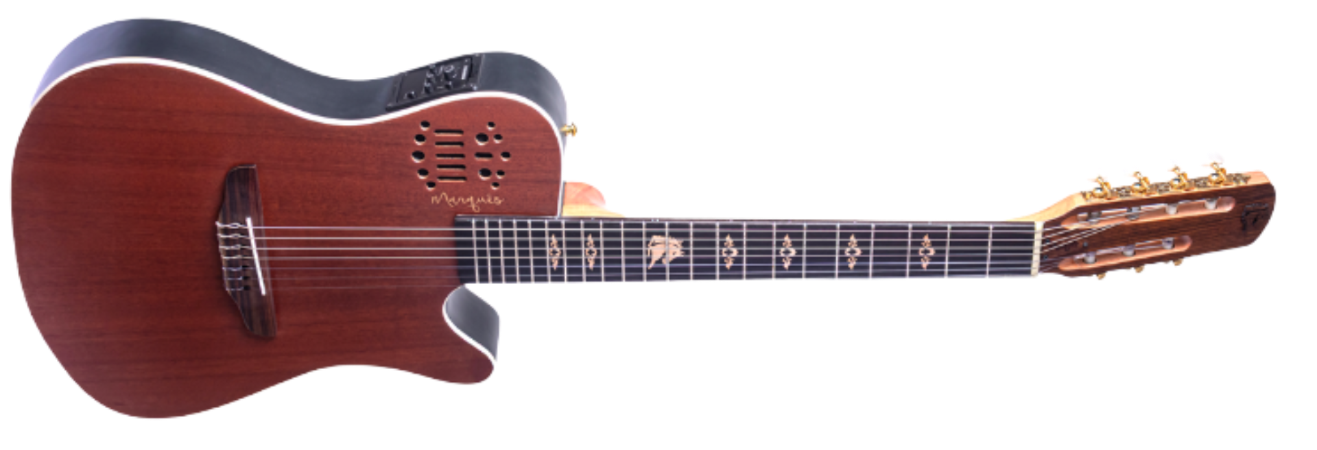 Violão Eletroacústico Nylon Marquês 7-VN-145MGSEQ Mahogany Fosco Super Flat 7 Cordas com Fishman Clasica III