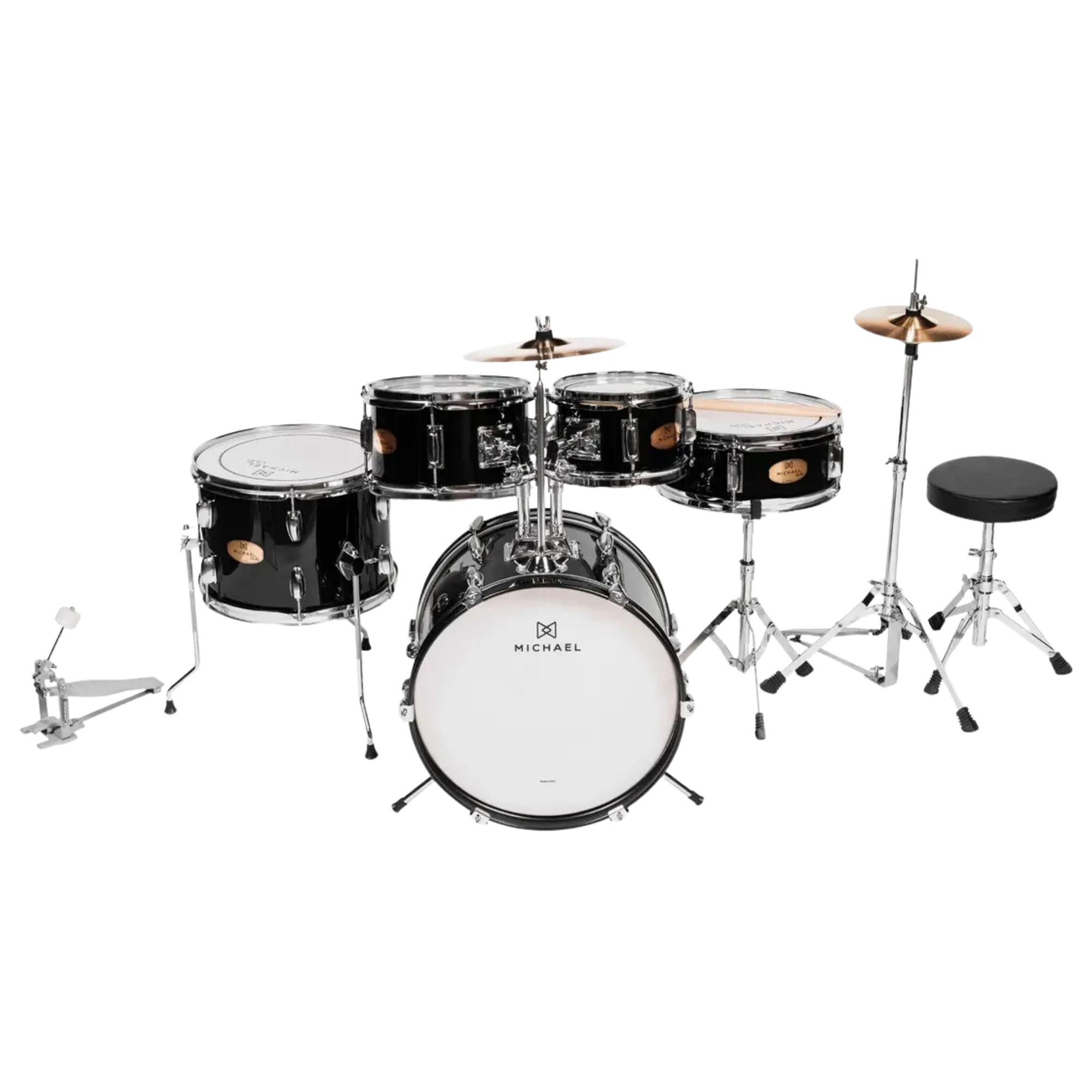 Bateria Infantil Michael Club MDMC5 BK Black Bumbo 16" Completa Casco Poplar com Pratos Banco e Pedal