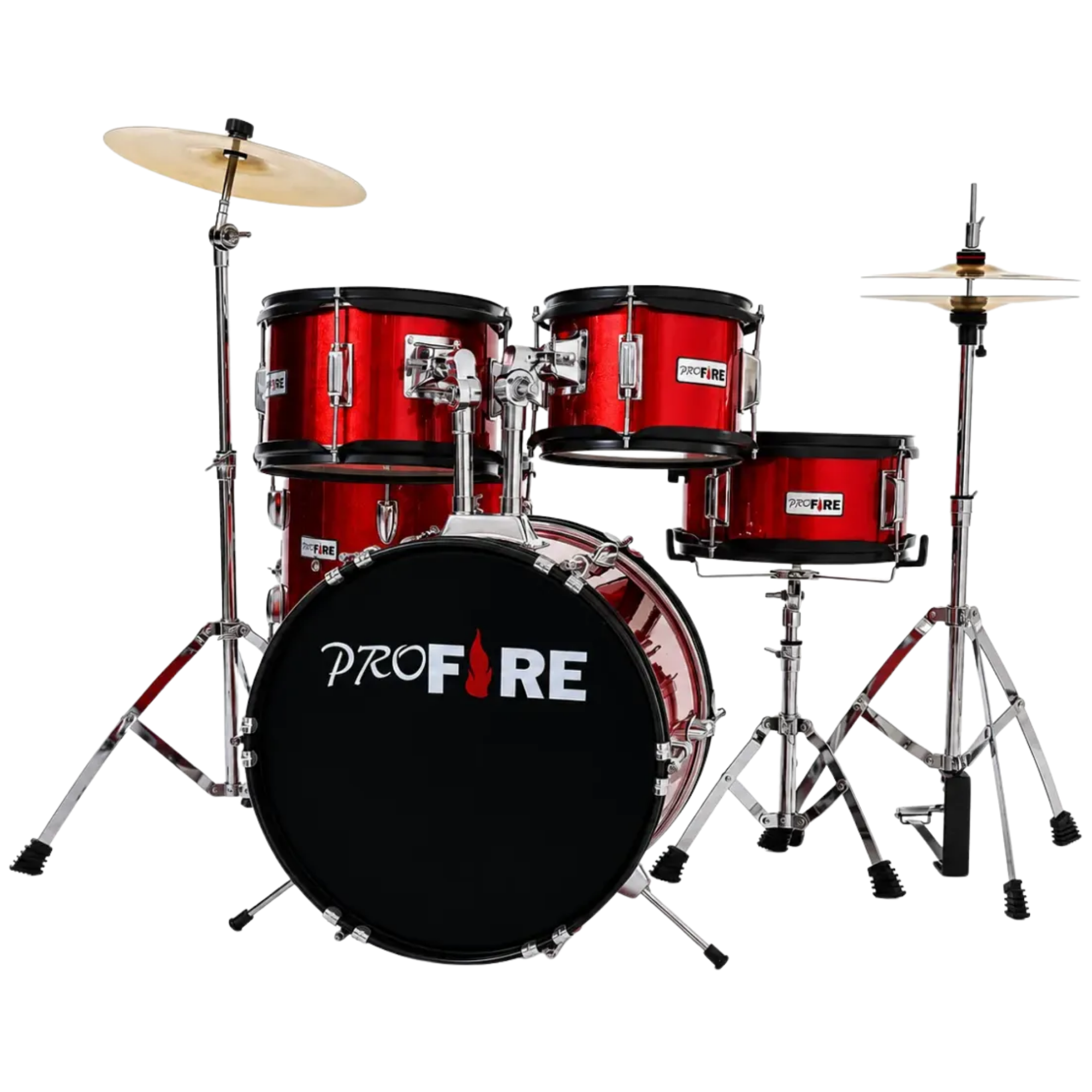 Bateria Acústica Pro Fire Juvenil Bumbo 16" Vermelha com Banco e Pratos 5 Peças Ferragens Cromadas