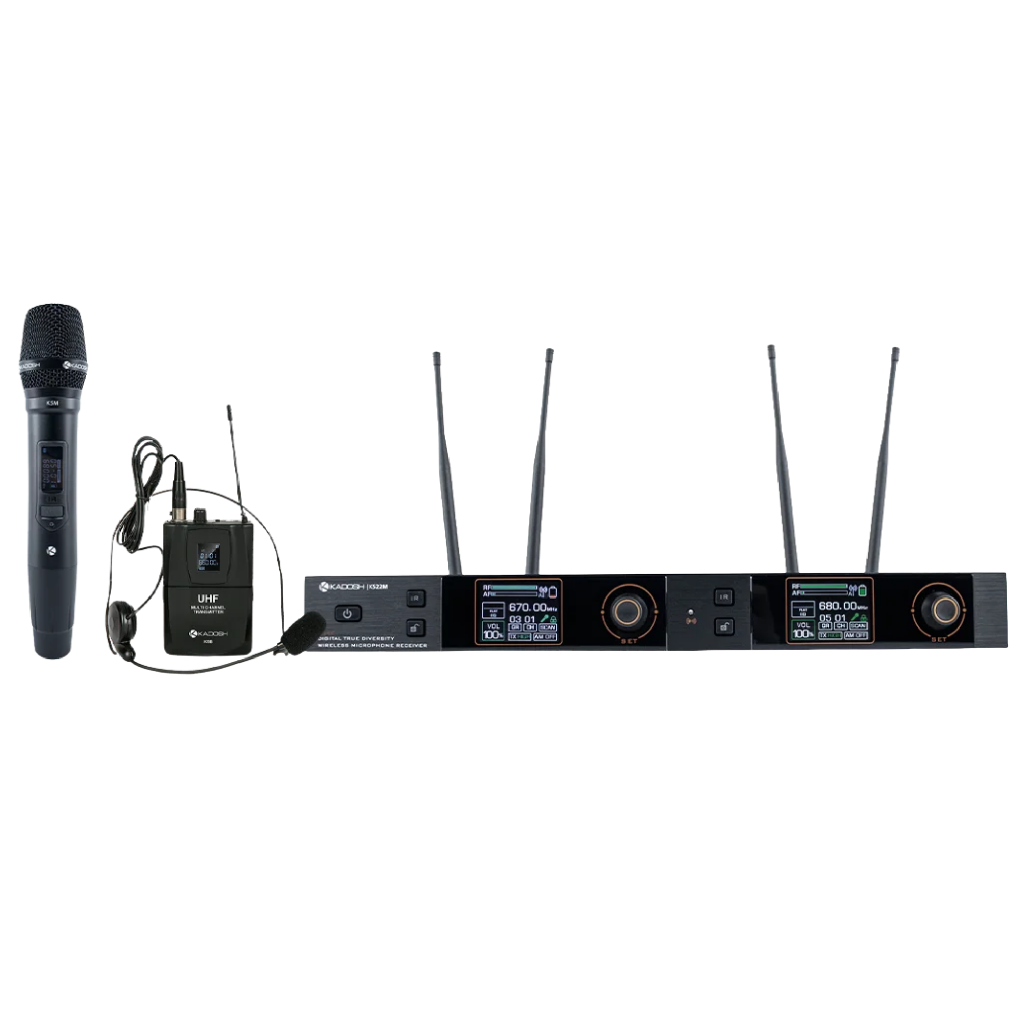 Sistema de Microfone Sem Fio Duplo Kadosh K522C UHF Cardioide True Diversity com Display OLED
