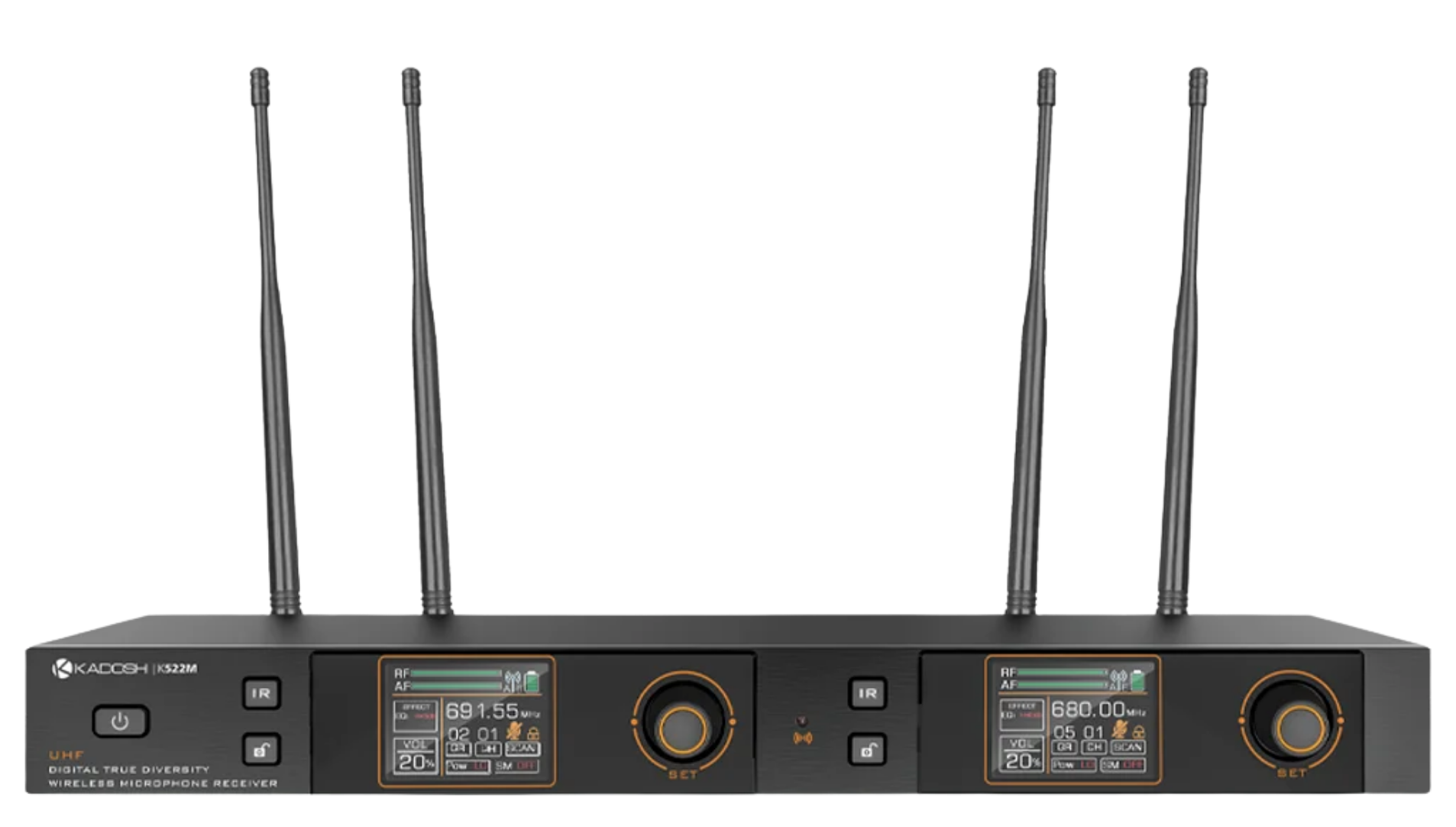 Sistema de Microfone Sem Fio Duplo Kadosh K522M UHF Cardioide True Diversity com Display OLED