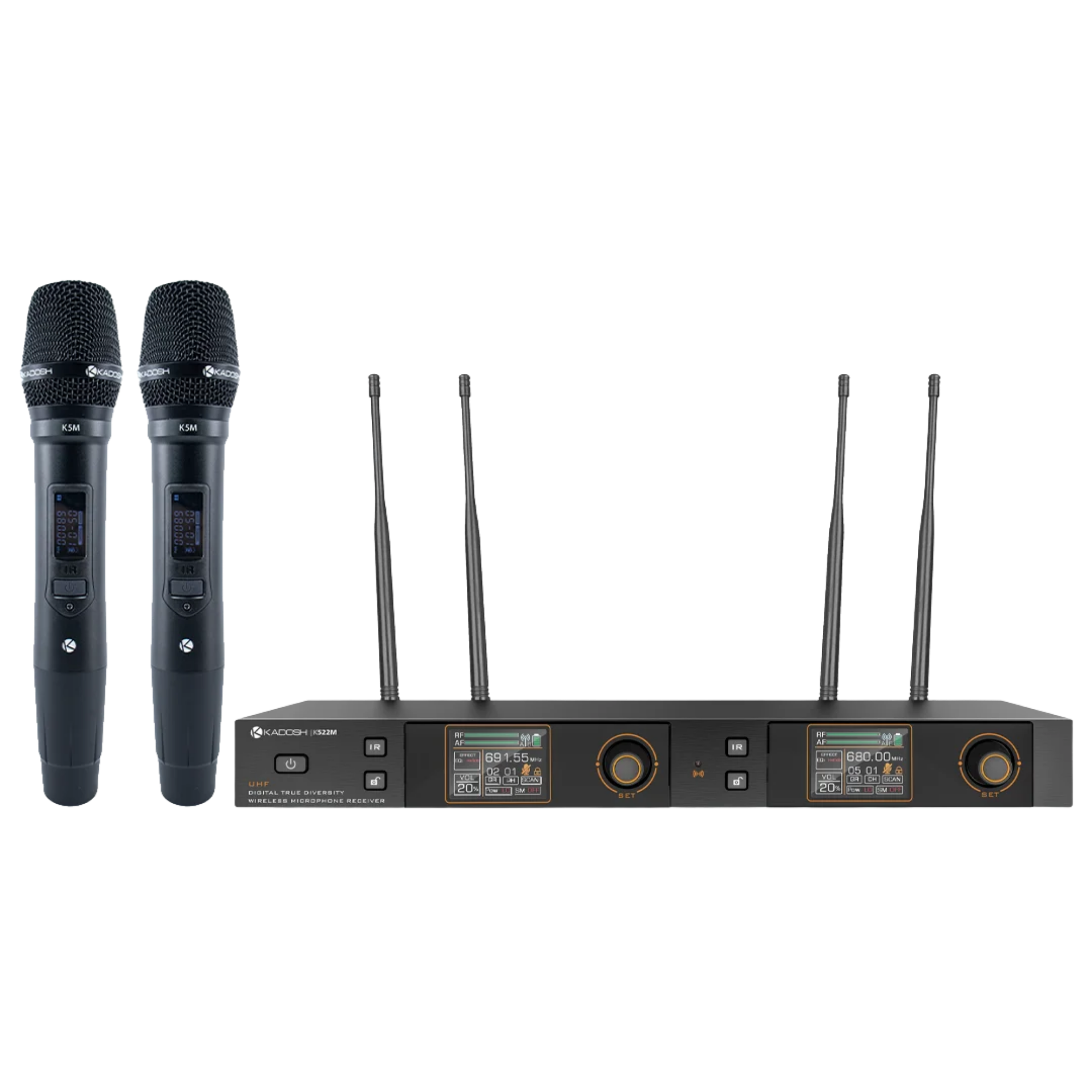 Sistema de Microfone Sem Fio Duplo Kadosh K522M UHF Cardioide True Diversity com Display OLED