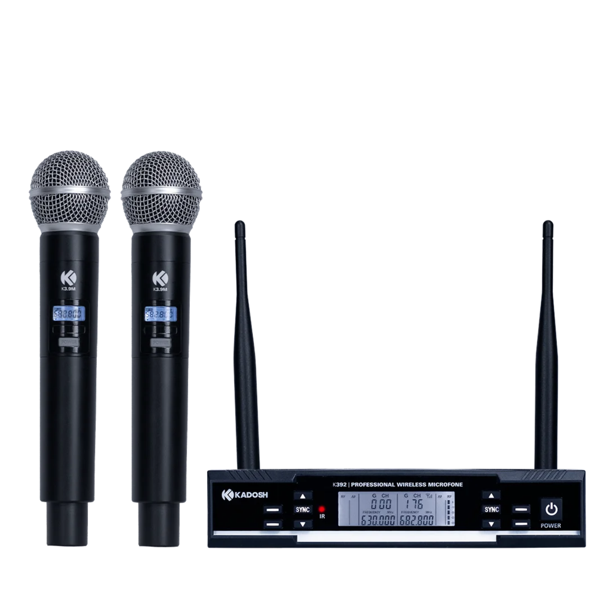 Microfone Sem Fio Duplo Kadosh K-392M UHF com 2 Bastões Dinâmicos, Receptor Bivolt, 100 Frequências por Canal e Scan Automático