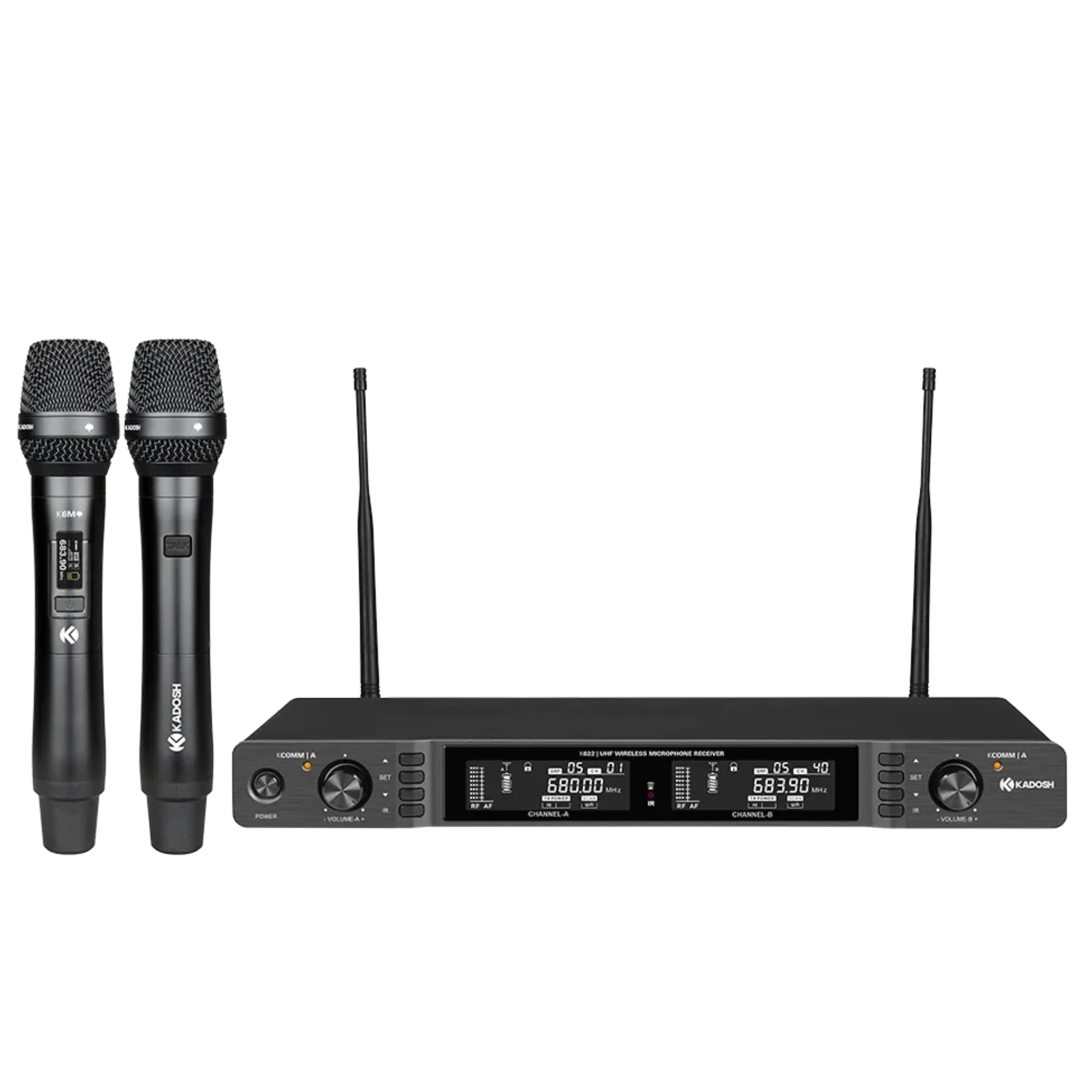 Microfone Sem Fio Duplo Kadosh K622M K-Comm UHF Digital com 2 Bastões Canal de Comunicação Integrado True Diversity