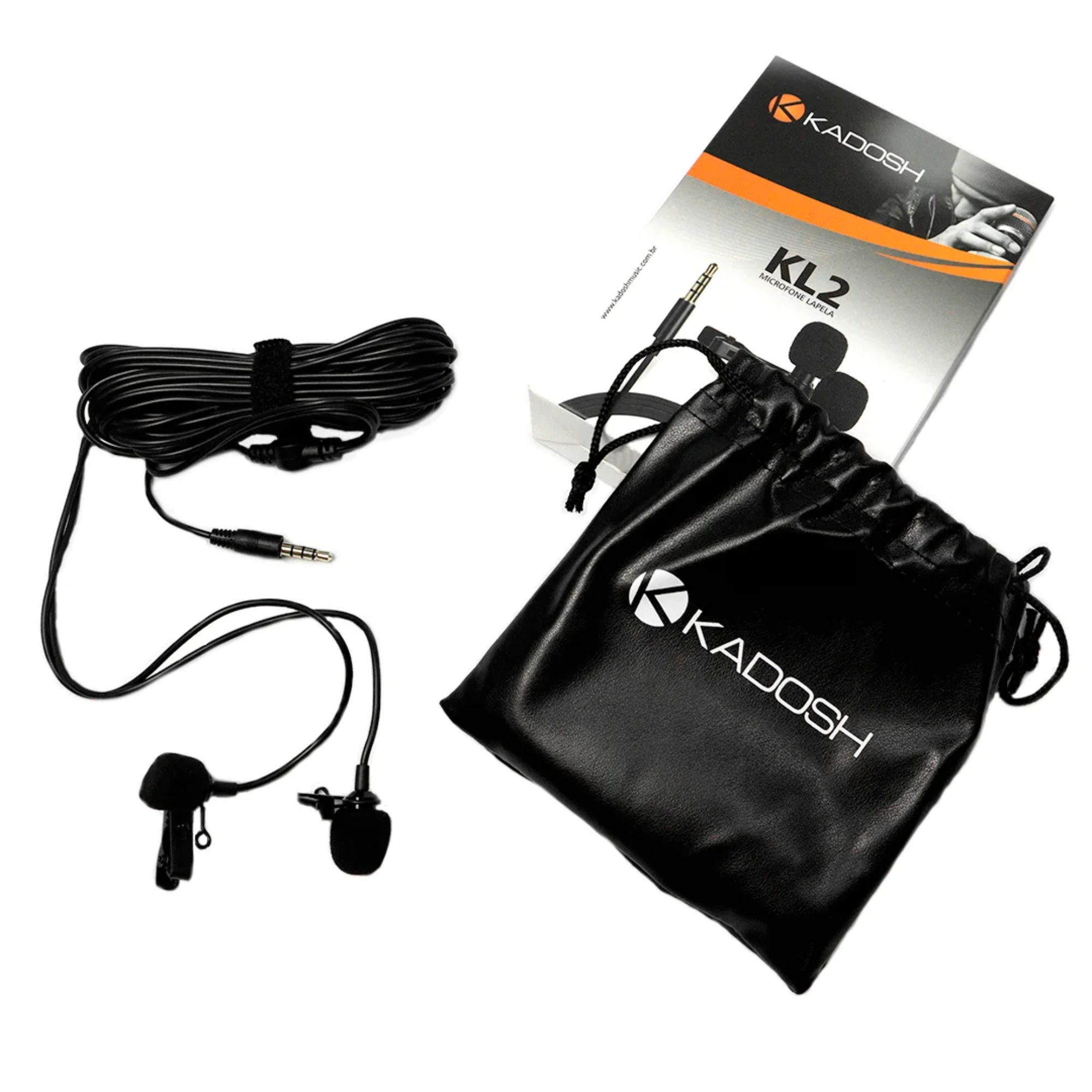 Microfone de Lapela Duplo Kadosh KL2 Condensador Omnidirecional para Smartphone com Conector TRRS 3.5 mm Cabo de 4 m