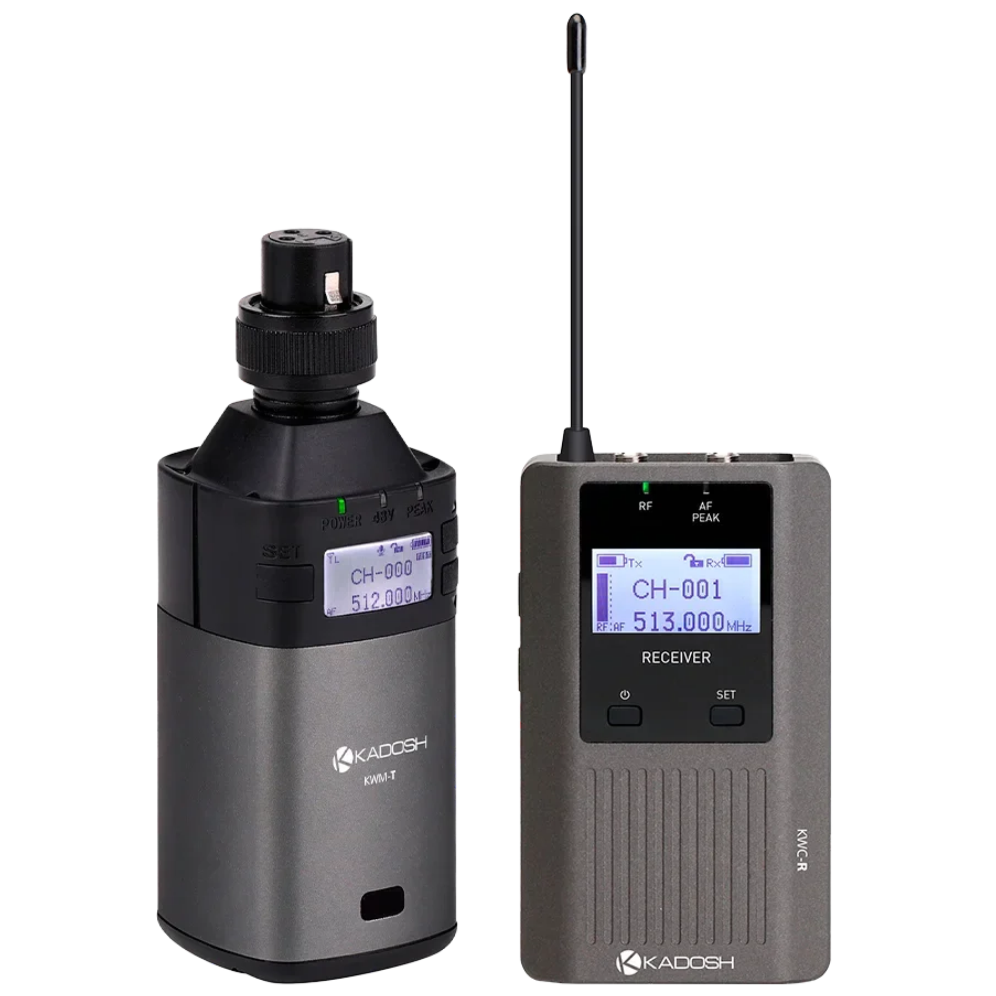 Sistema Transmissor e Receptor de Áudio Sem Fio Kadosh KWM-T + KWC-R Plug-On UHF com 3 Modos de Operação, Phantom Power 48V e USB-C