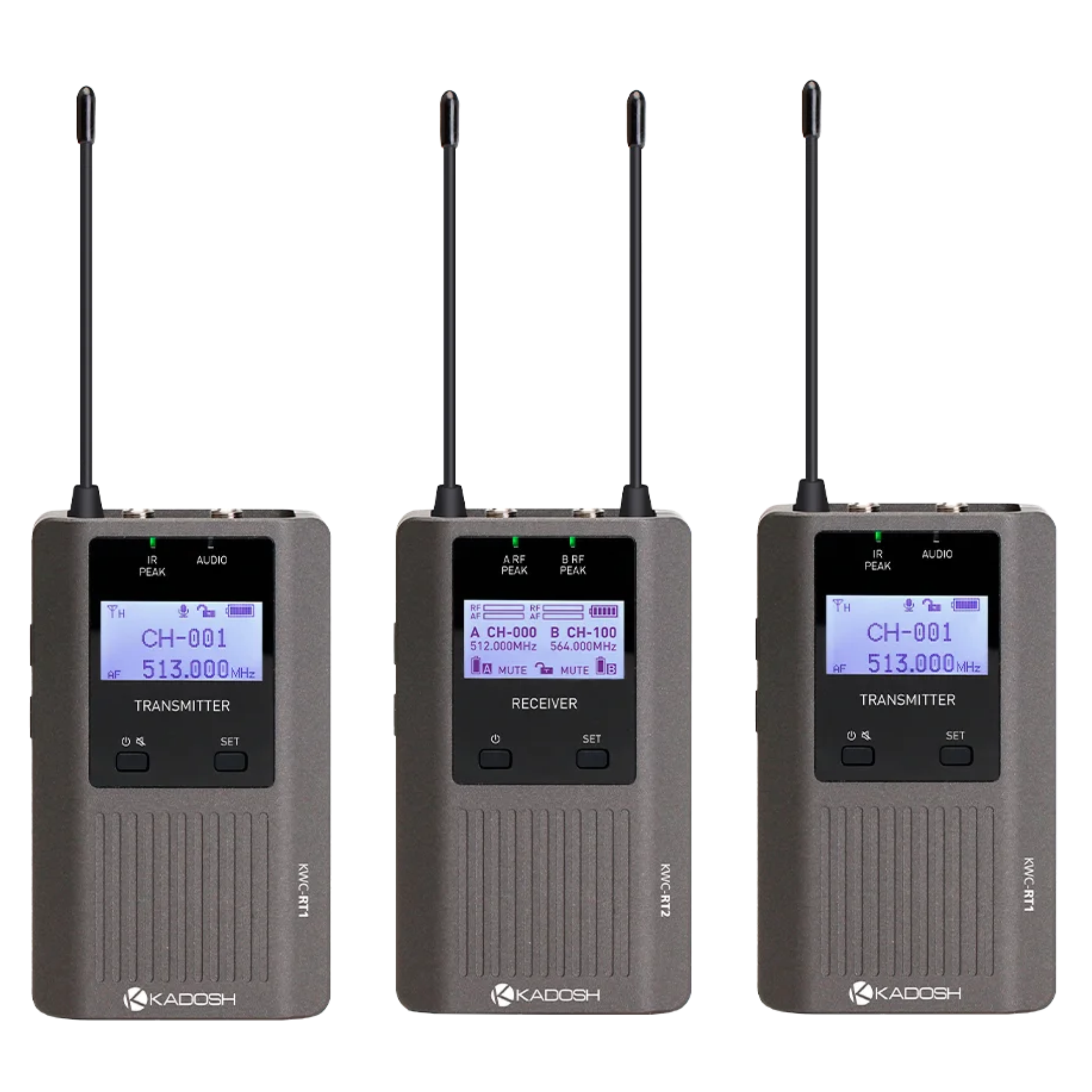 Sistema de Microfone Sem Fio Kadosh KWC-RT2 Receptor com 2 Transmissores UHF 200 Canais Alcance de 120 m Bateria Recarregável USB-C