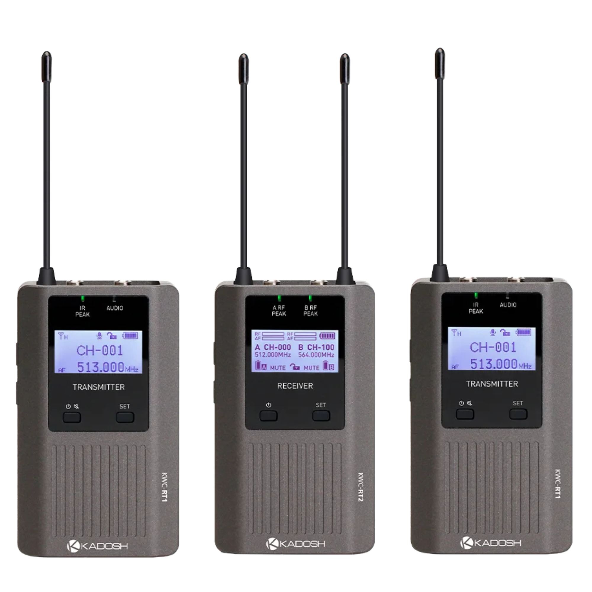 Sistema de Microfone Sem Fio Kadosh KWC-RT2 Receptor com 2 Transmissores UHF 200 Canais Alcance de 120 m Bateria Recarregável USB-C