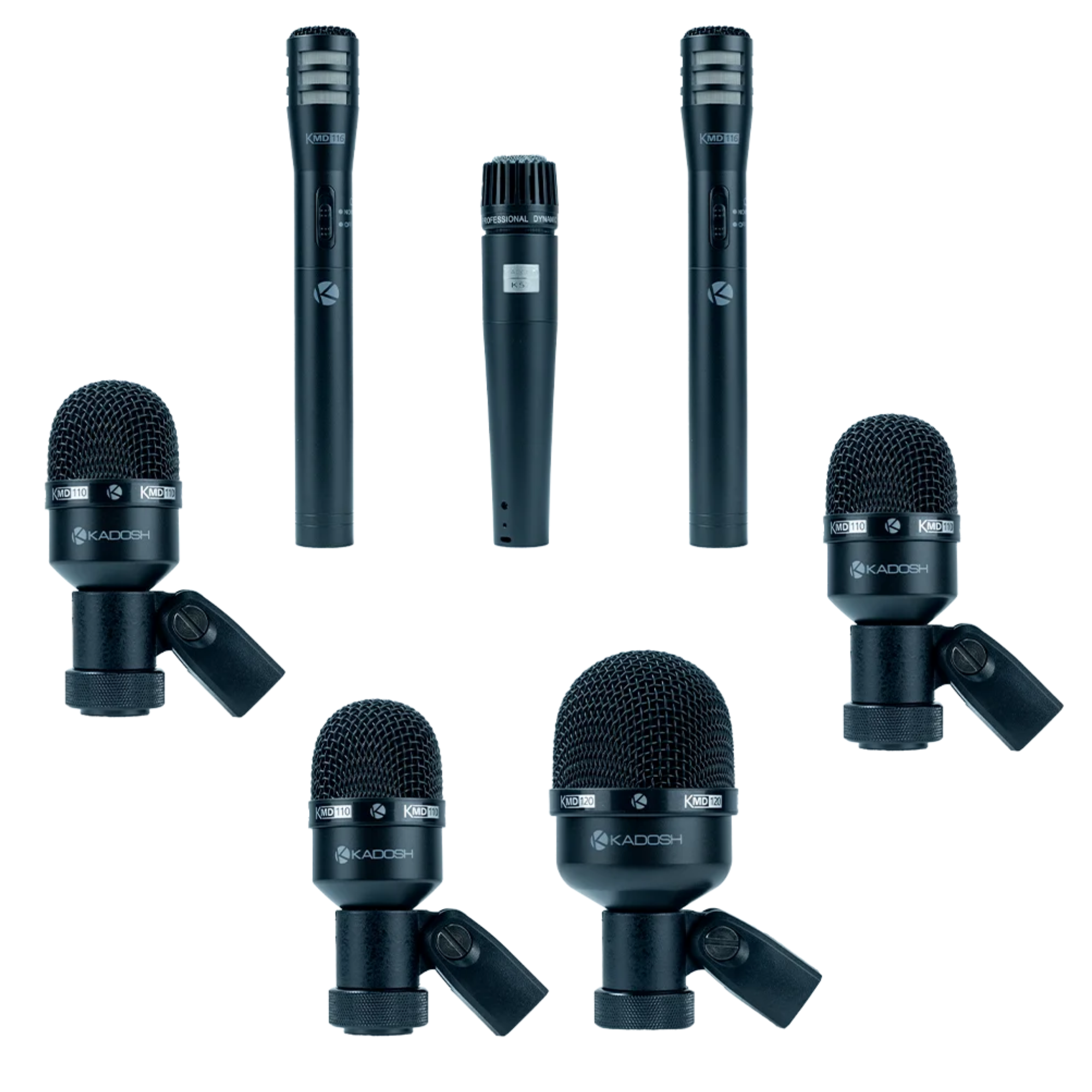 Kit de Microfones para Bateria Kadosh KMD 107 com 7 Peças Incluindo Microfones para Bumbo Tons Caixa e Pratos com Clamps e Acessórios