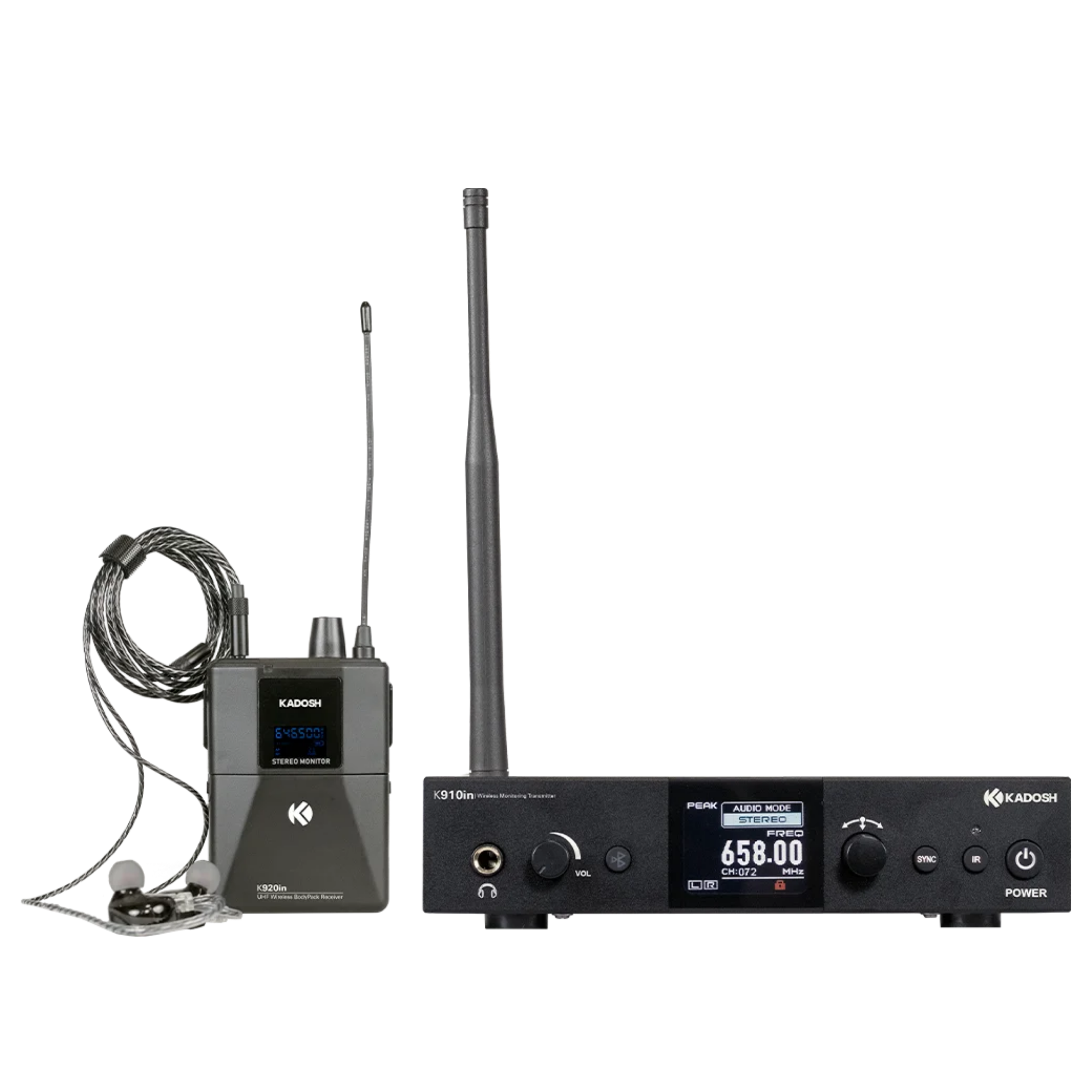 Sistema de Monitoramento In-Ear Sem Fio Kadosh K910IN UHF Mono/Estéreo com Bluetooth, 100 Canais e Alcance de 80m