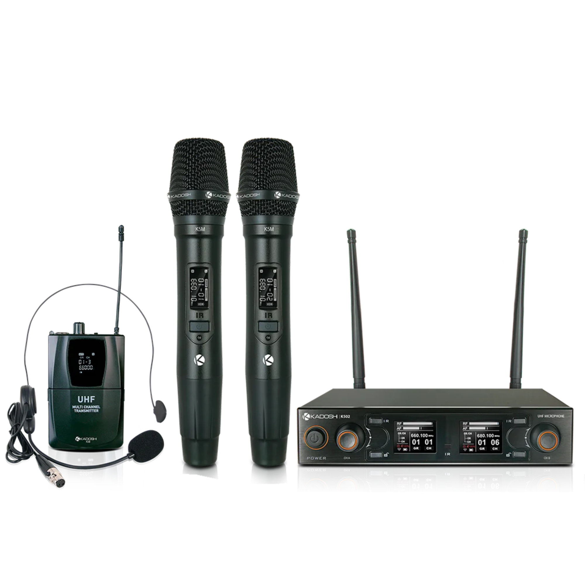 Sistema de Microfone Sem Fio UHF Kadosh K502T Duplo com 2 Microfones de Mão, Headset, Lapela, Bodypack e Bateria Recarregável