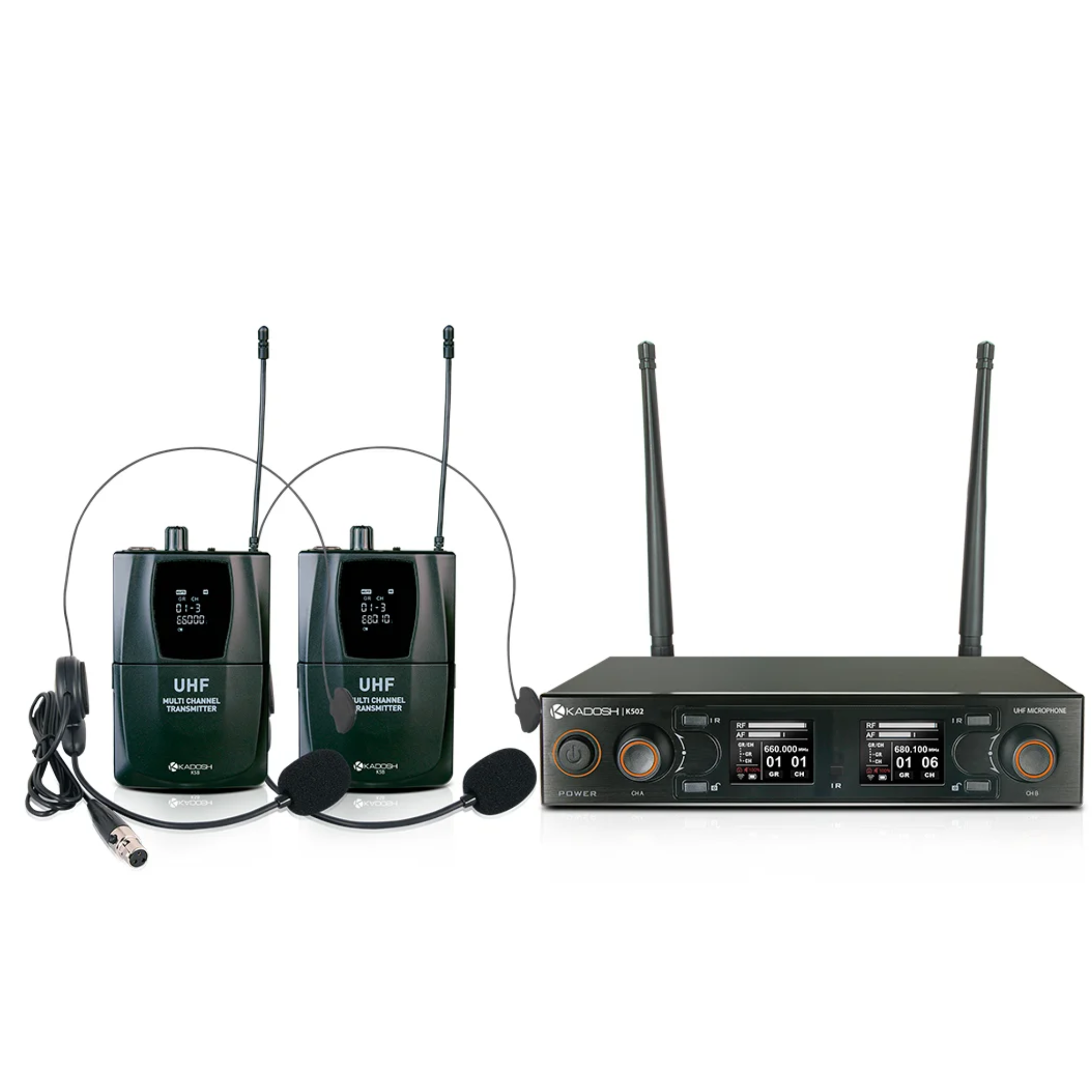 Sistema de Microfone Sem Fio UHF Kadosh K502H Duplo com 2 Headsets, 2 Lapelas, Bodypacks e 200 Frequências