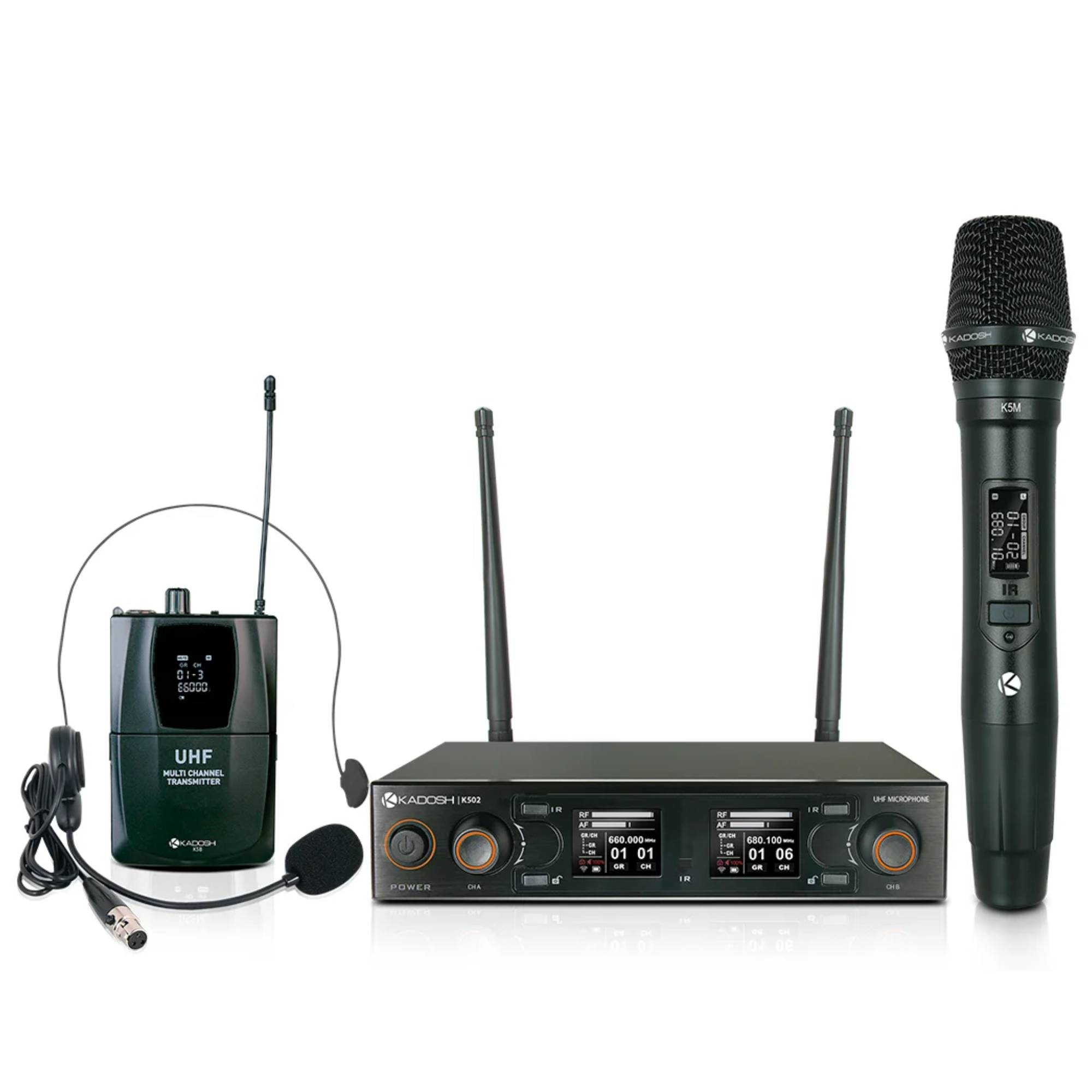 Sistema de Microfone Sem Fio UHF Kadosh K502C com Microfone de Mão Headset Lapela e Bodypack
