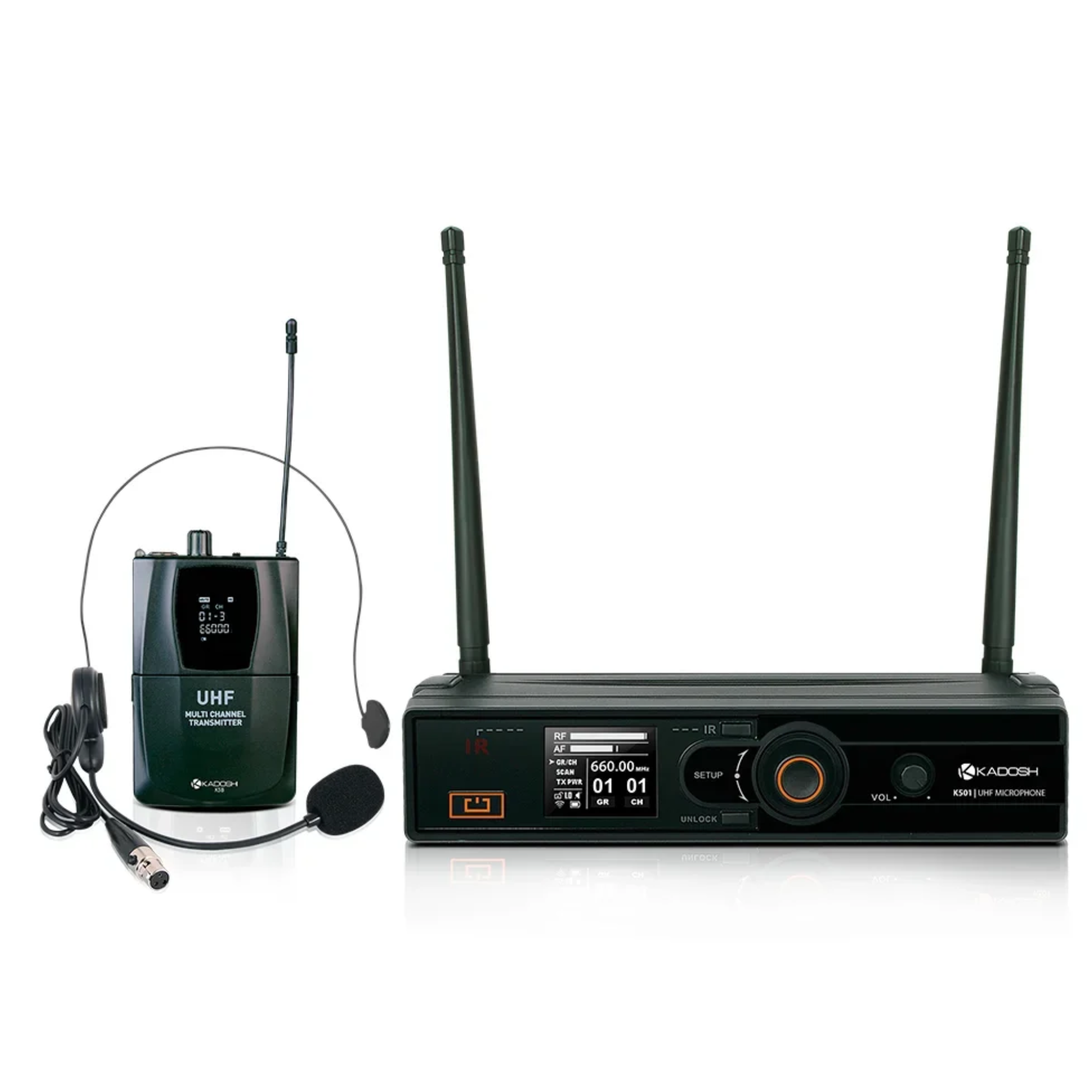 Sistema de Microfone Sem Fio UHF Kadosh K501H com Headset e Lapela 100 Frequências Receptor True Diversity
