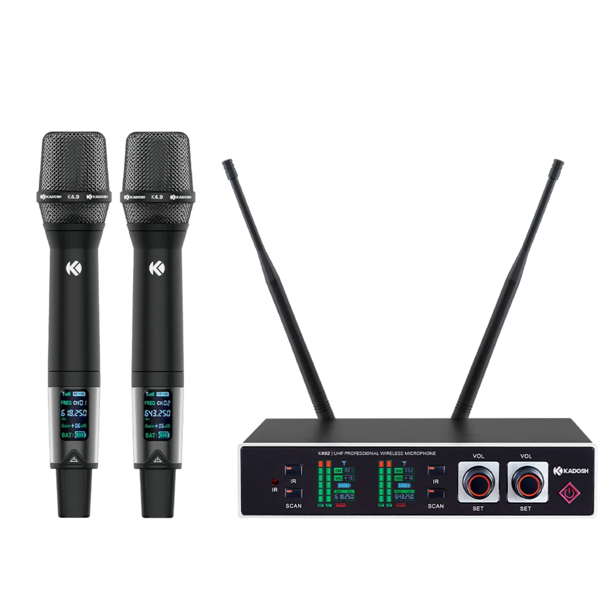 Sistema de Microfone Sem Fio UHF Kadosh K492M 2ª Geração Duplo com 2 Microfones de Mão em Alumínio e Receptor LCD