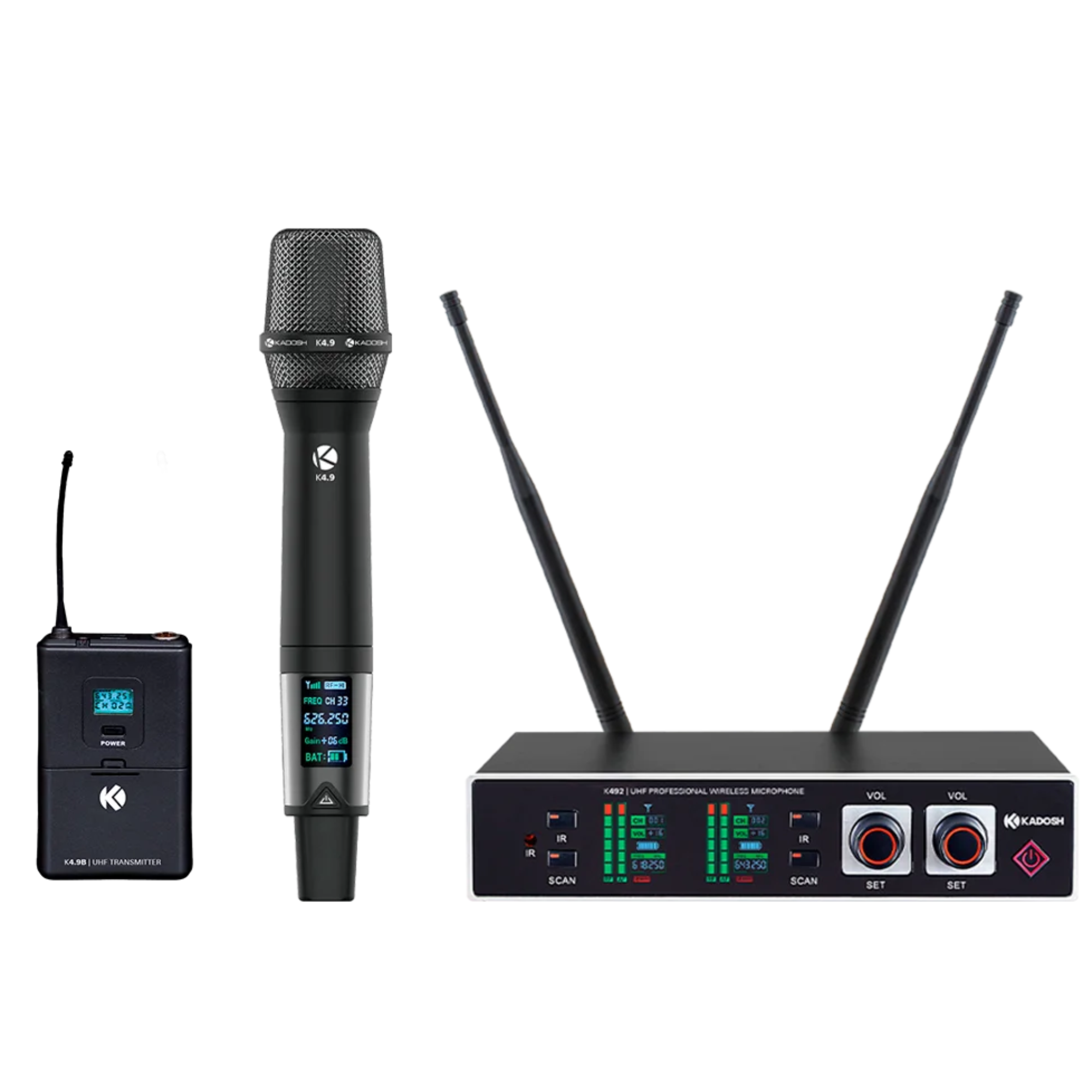 Sistema de Microfone Sem Fio UHF Kadosh K492C 2ª Geração com Microfone de Mão e Headset