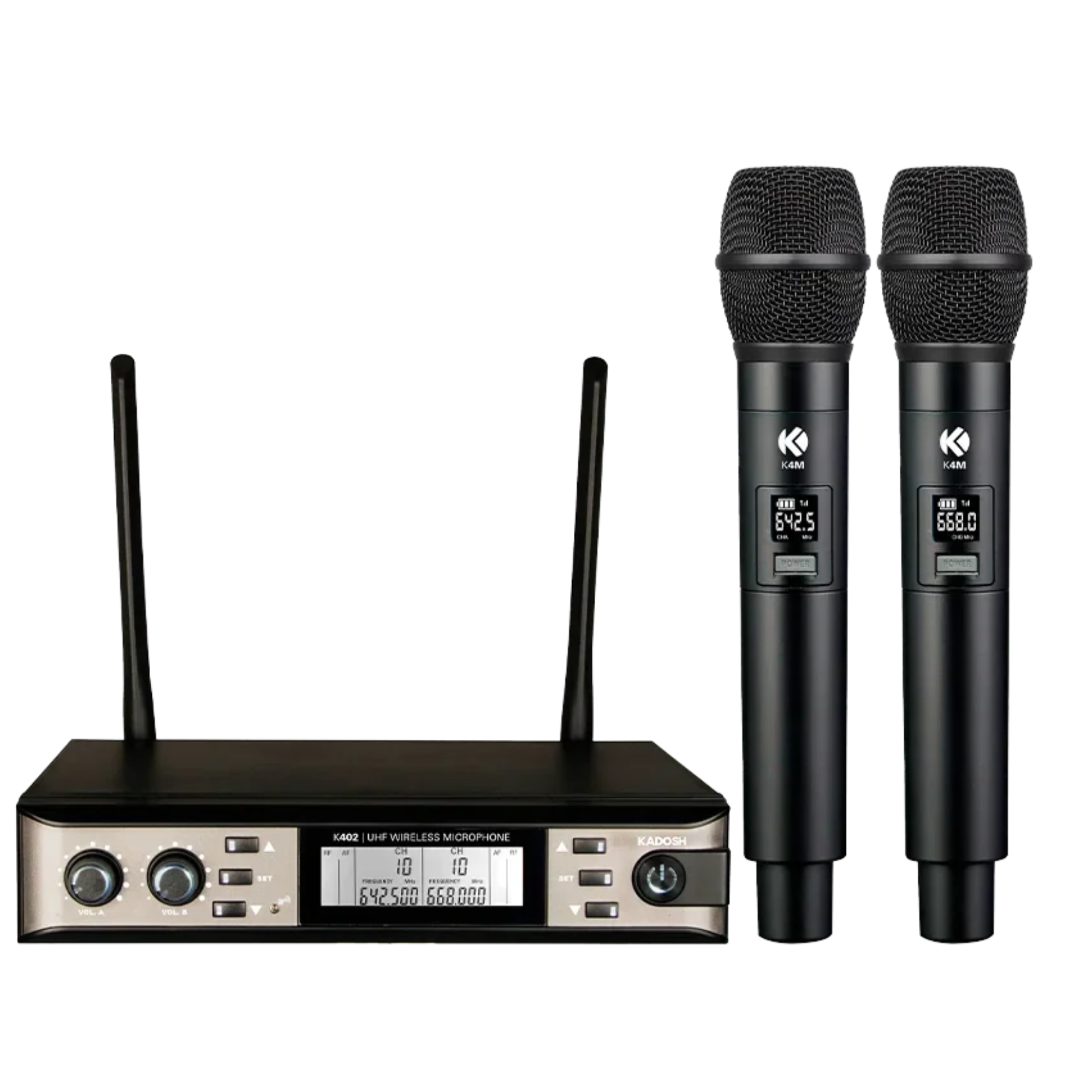 Sistema de Microfone Sem Fio UHF Kadosh K402M com Microfone de Mão Cardioide LCD 48 Frequências e Alcance de 30m