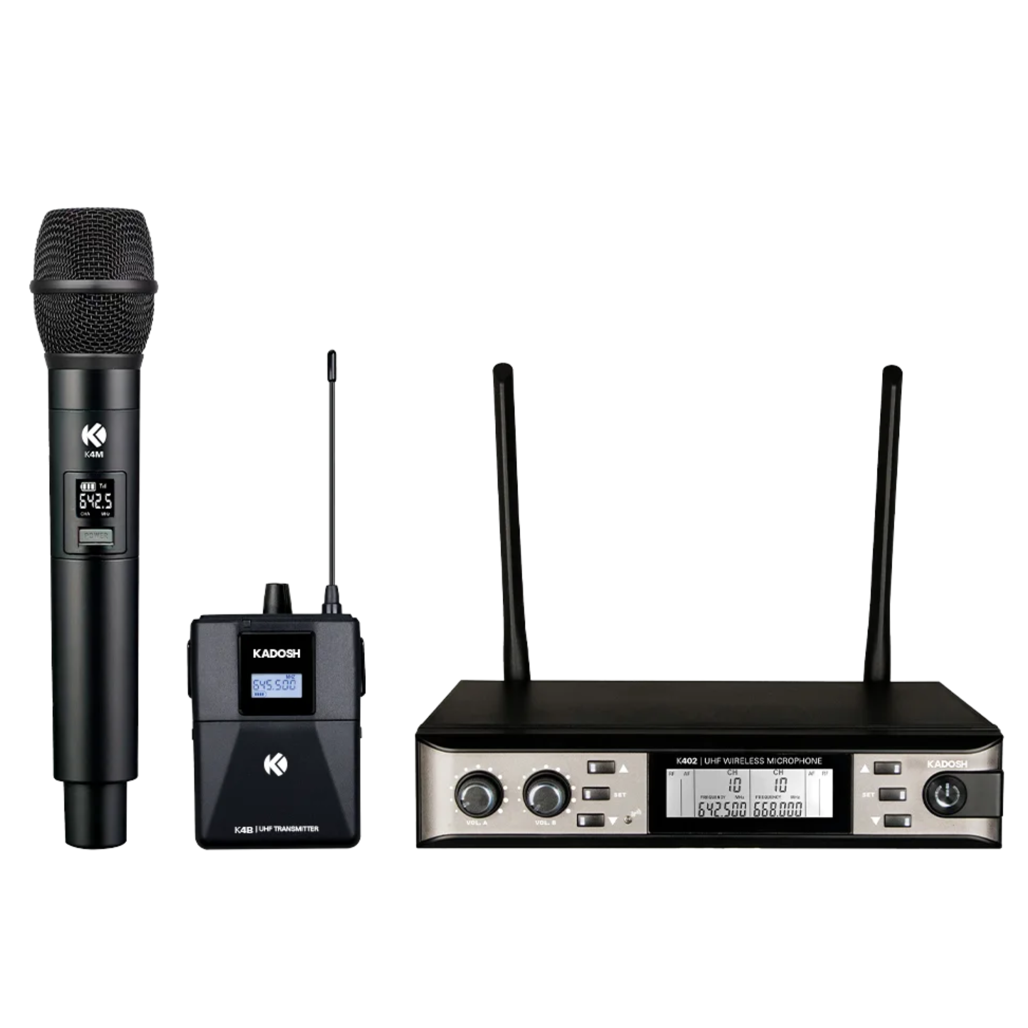 Sistema de Microfone Sem Fio UHF Kadosh K402C com Microfone de Mão Headset e Lapela 48 Frequências e Alcance de 30m